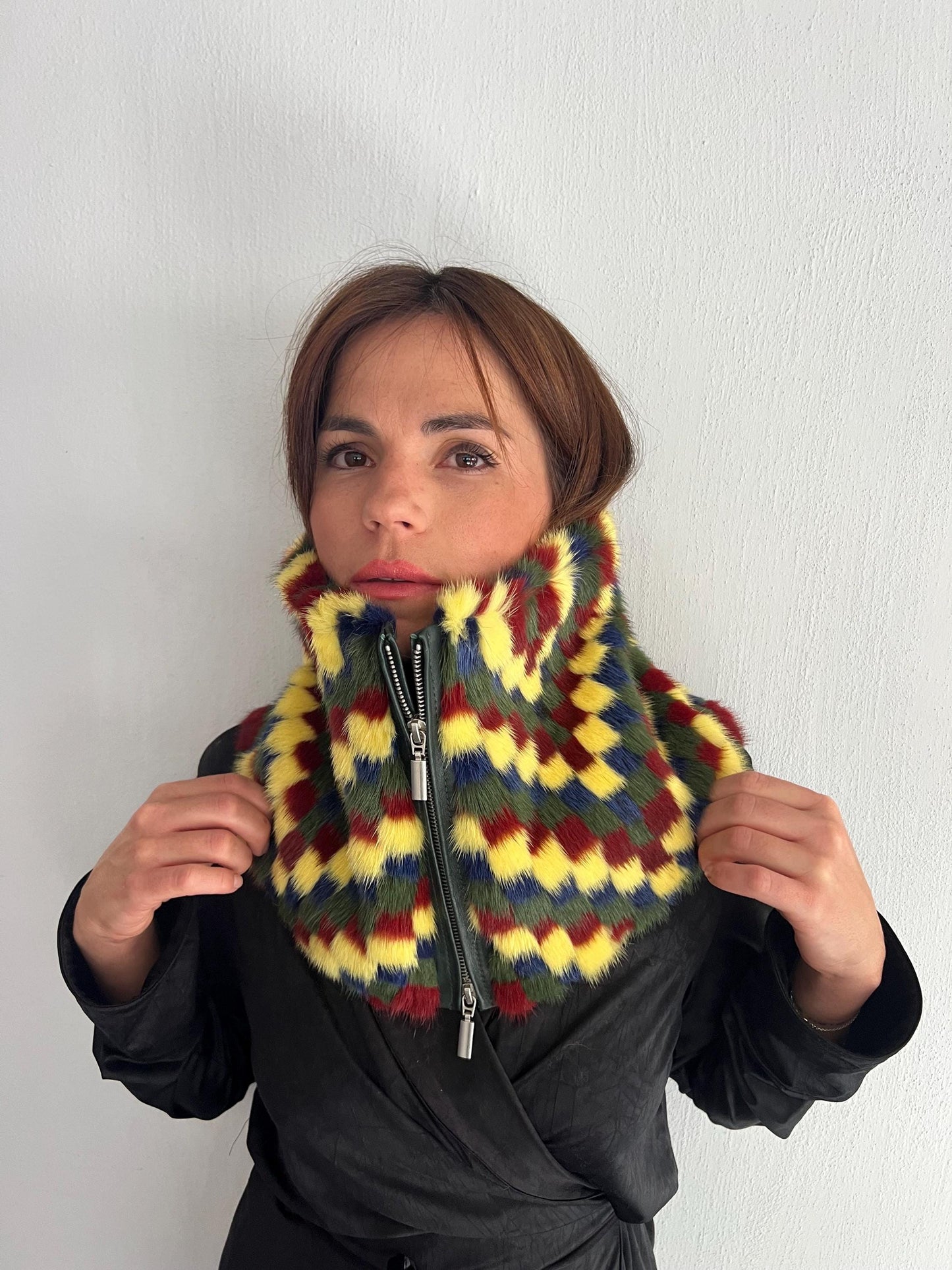 Multicolor Mink Fur Cowl Scarf: Zipped Leather Detail, Handmade