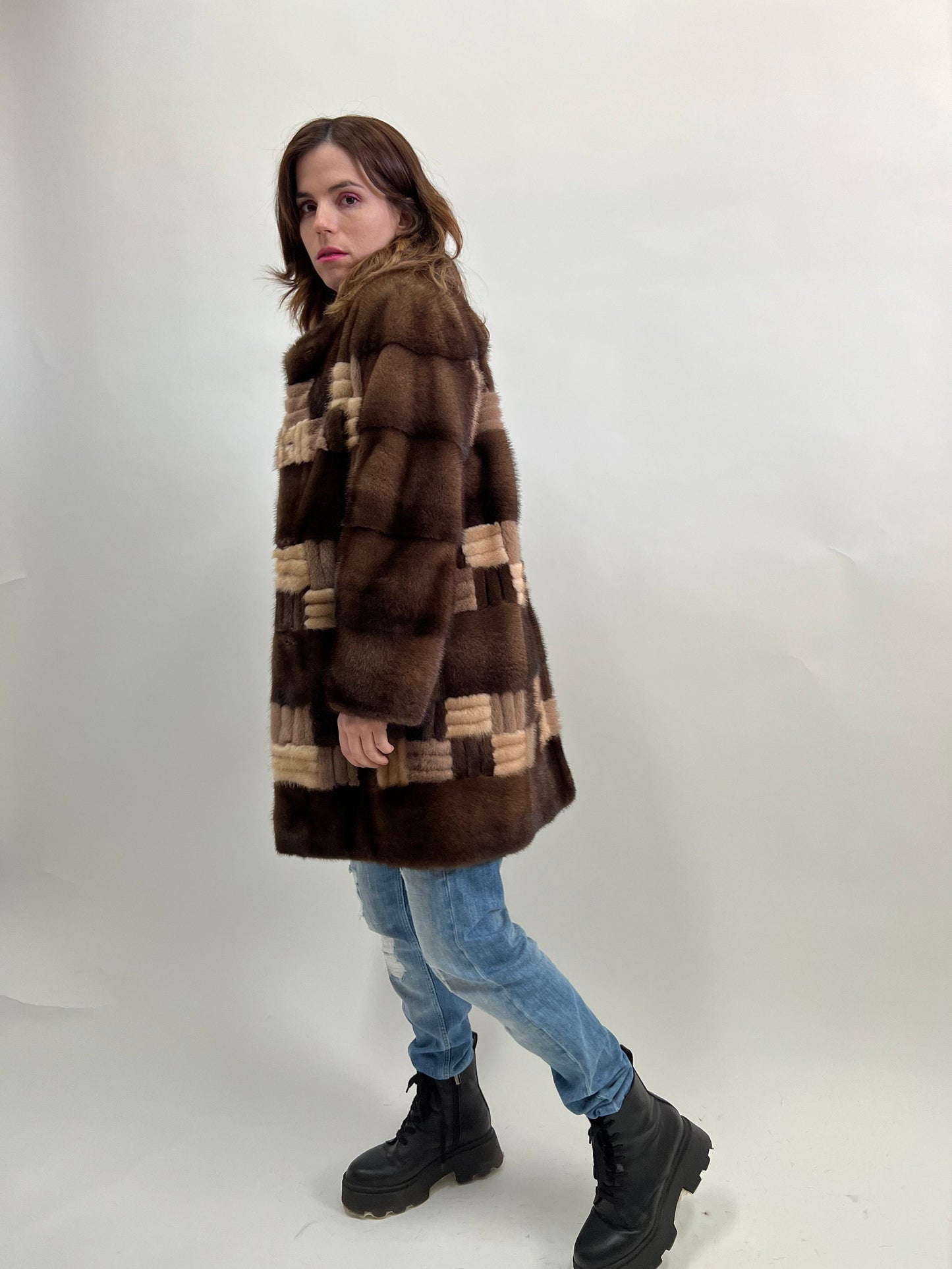 Intarsia Brown Mink Fur Coat - Saga Lightweight Zip-Up - Size Large