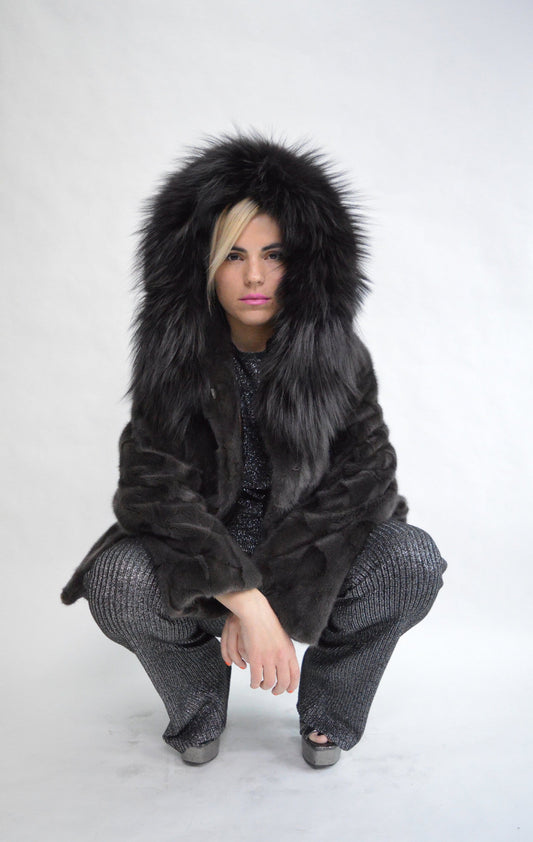 Hooded Mink Fur Coat: Genuine Fox Trim, Luxury Winter Jacket