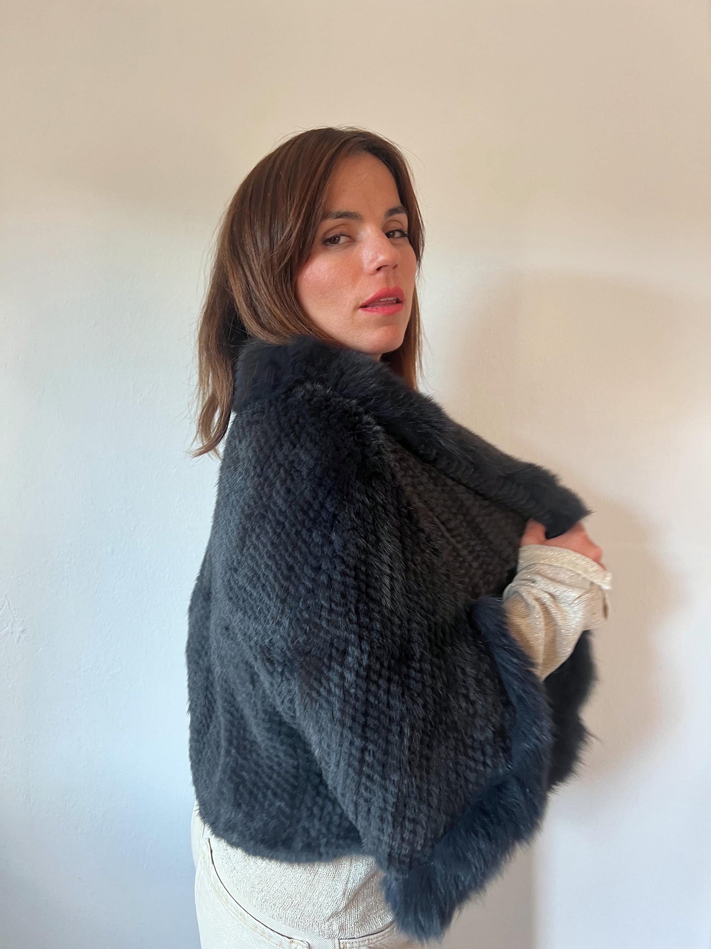 Handwoven Mink Fur Cape: Midnight Blue Fox Trim Jacket