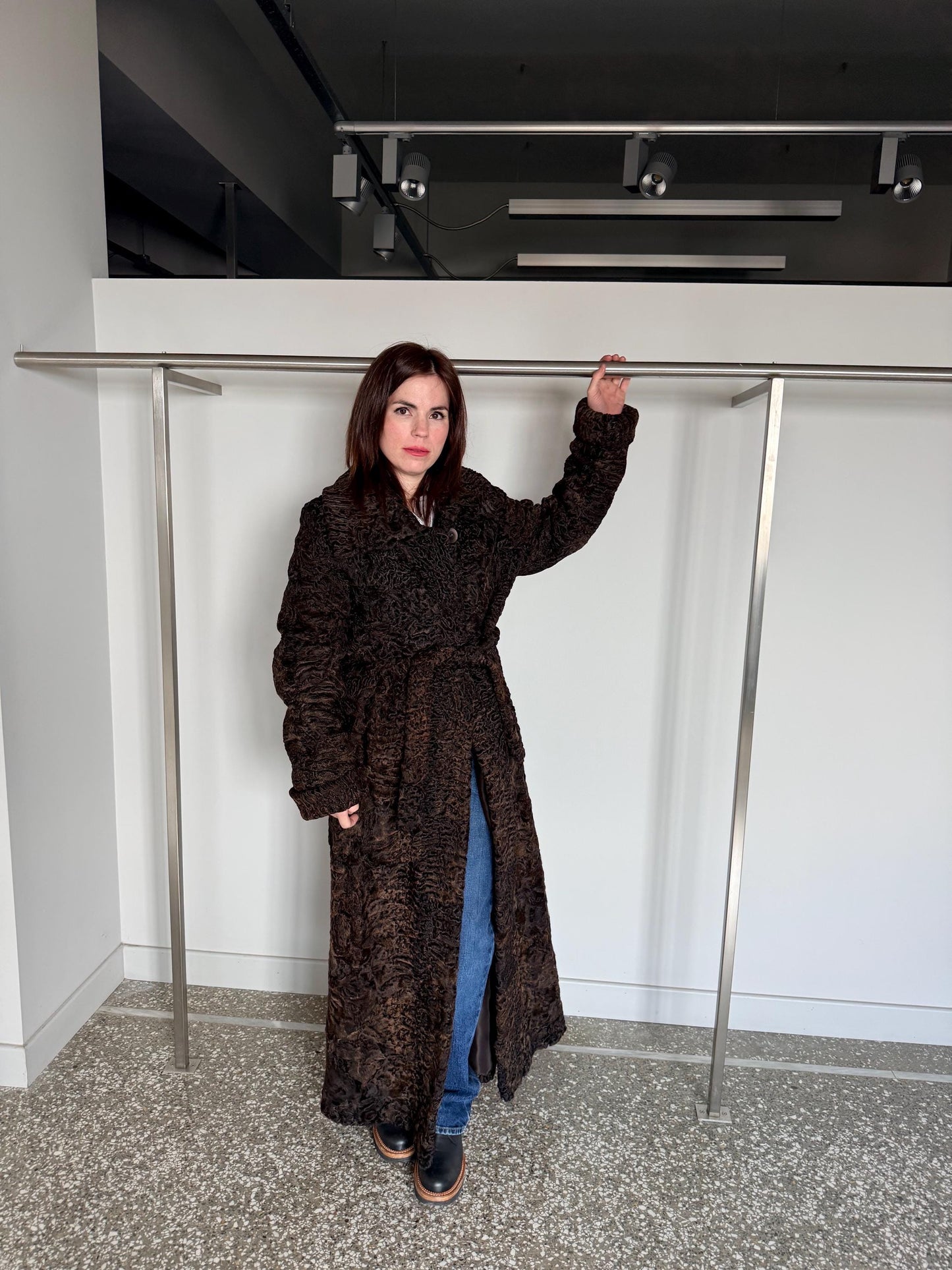 Handmade Brown Swakara Curly Fur Coat with Tie Belt – Extremely Warm Sheepskin Coat