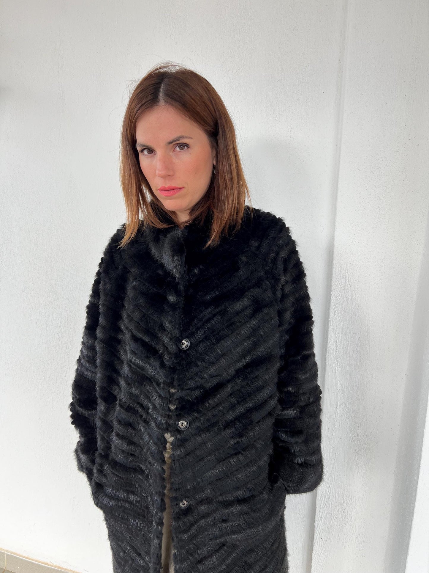 Handwoven Black Mink Fur Coat - Wool Lined Jacket