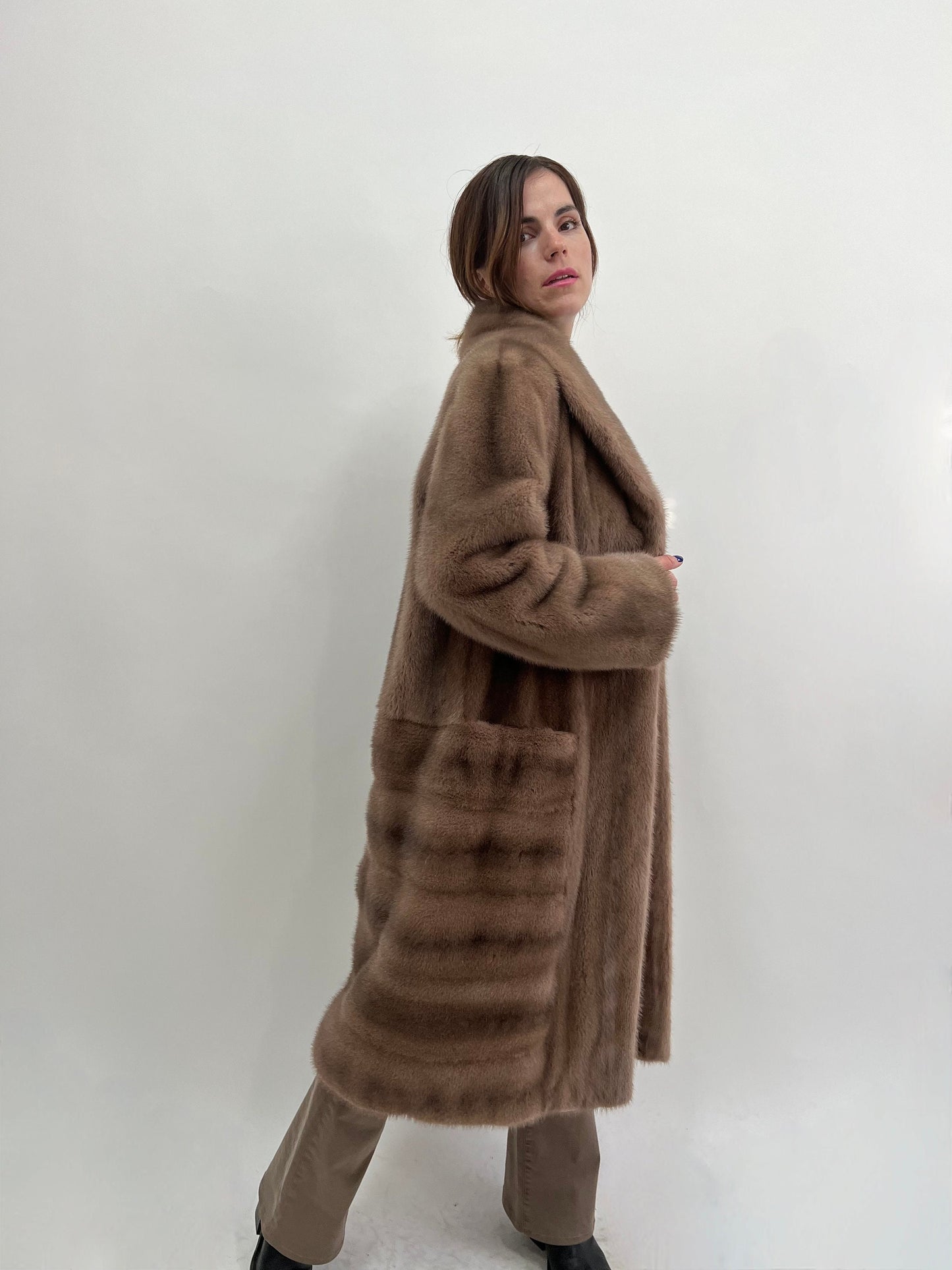 Cappuccino Mink Fur Long Coat, Saga Pelts, Plus Size L