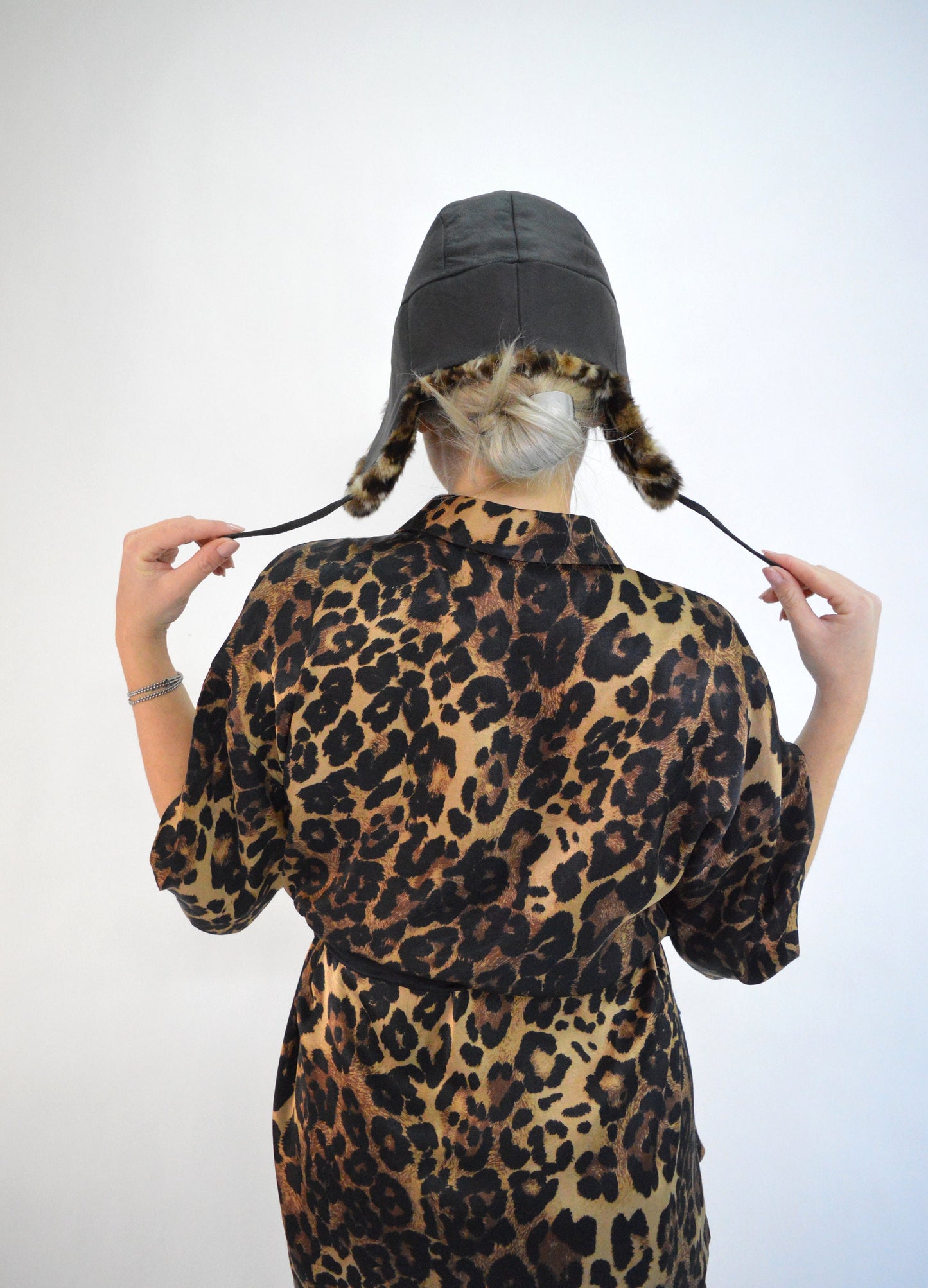 Rabbit Fur Trapper Hat, Black Leather, Leopard Print Ushanka