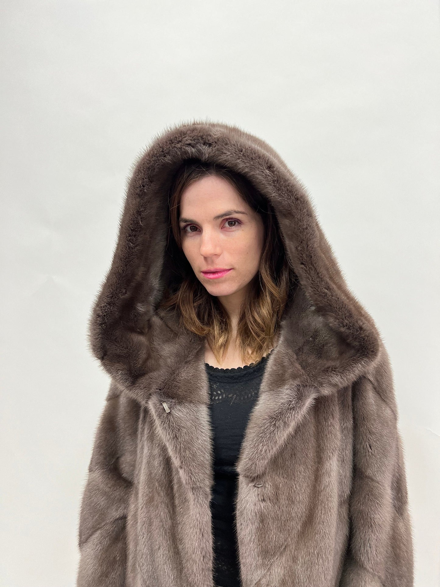 Cloud Mink Fur Hooded Coat: Warm Grey Diagonal Jacket