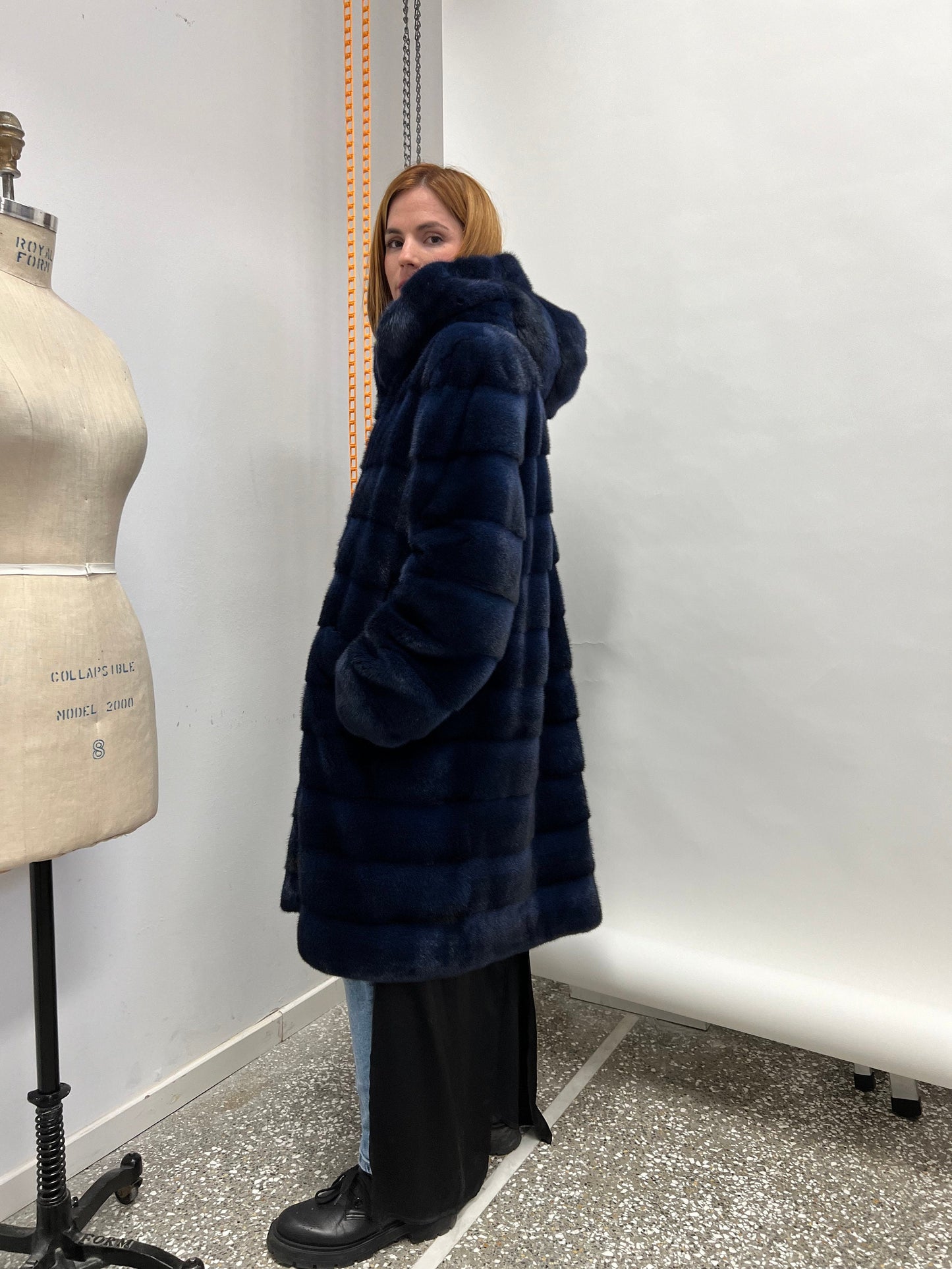 Handmade Navy Blue Mink Fur Hooded Coat, 2XL