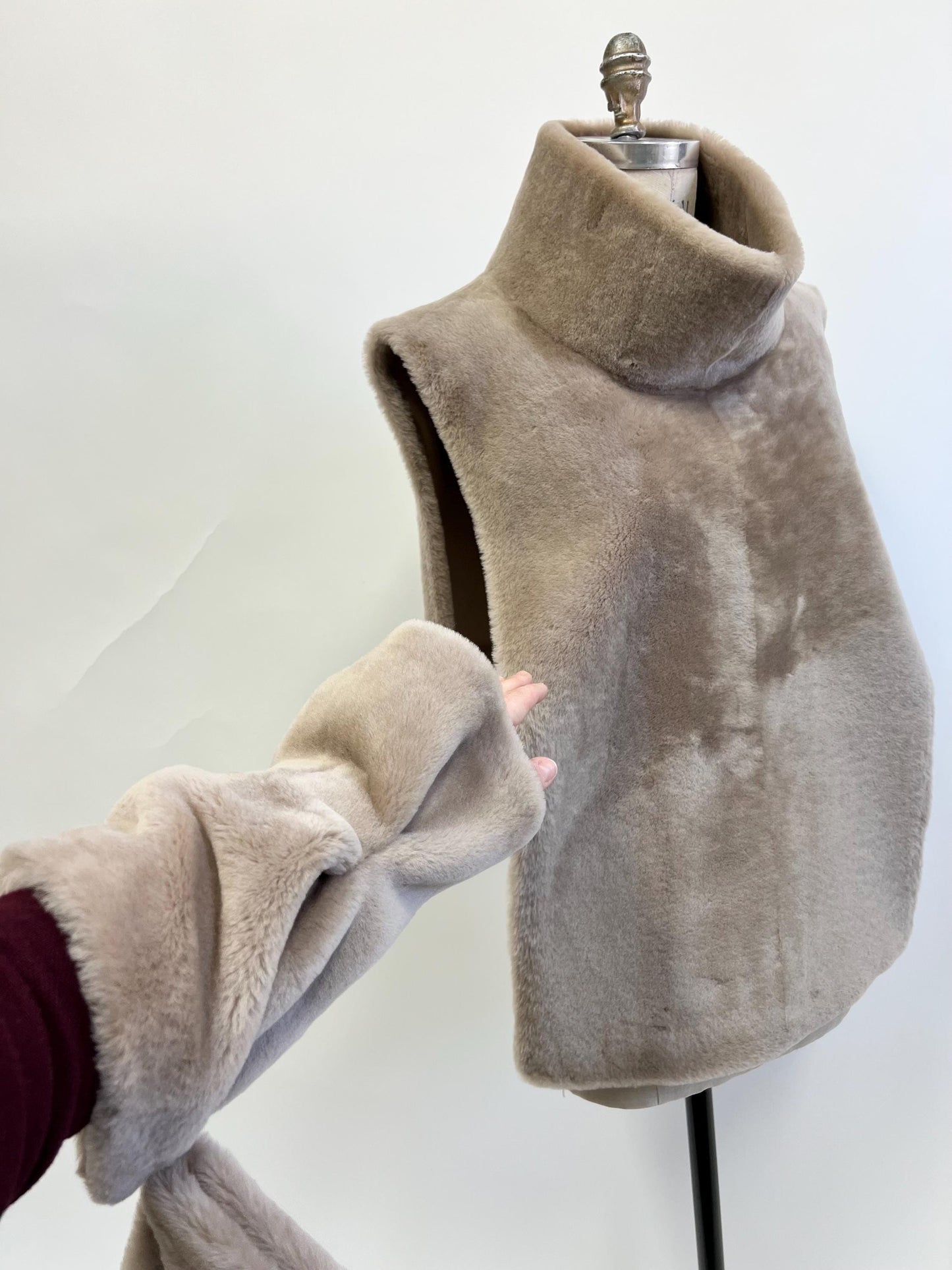 Turtleneck  warmer Shearling Shawl Poncho: Off White Fur with Cuffs