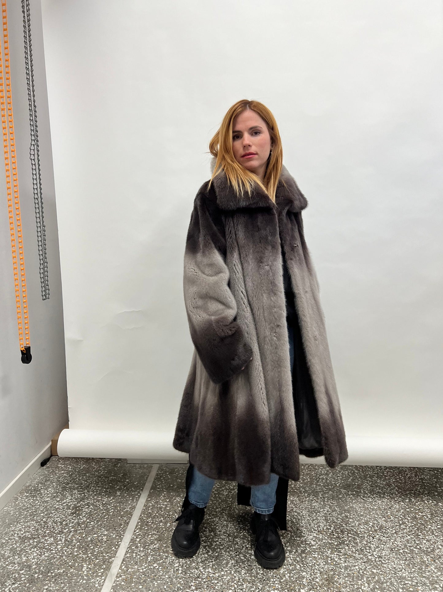 Saga Fur Mink Coat: Degrade Silver Graphite, Size 2XL