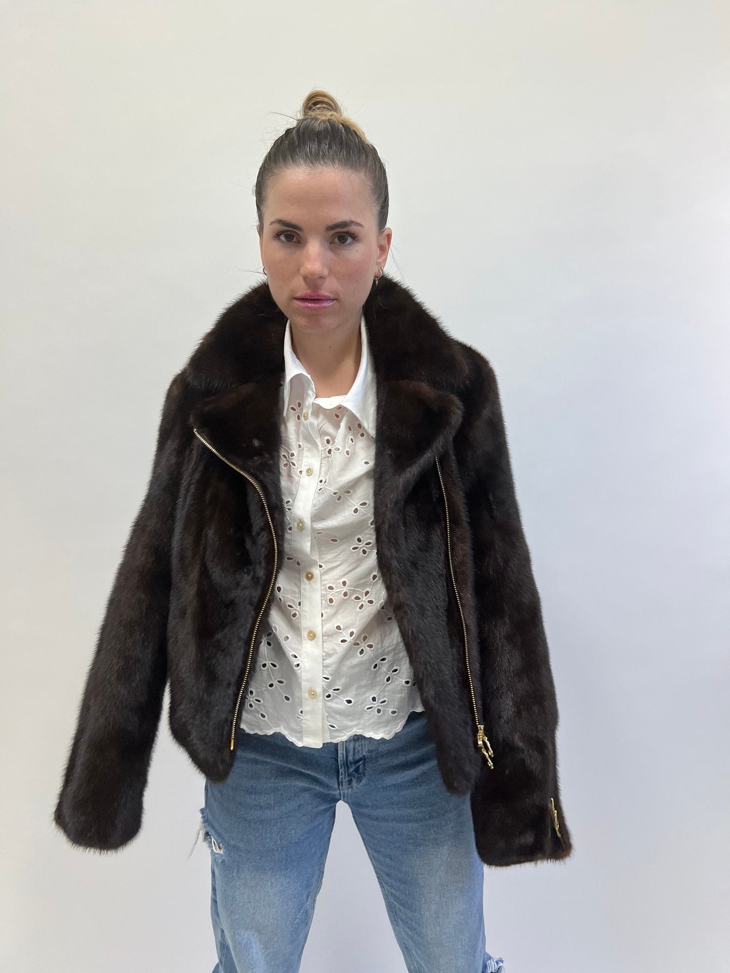 Dark Brown Mink Fur Biker Jacket: Lightweight Luxury with Gold Hardware