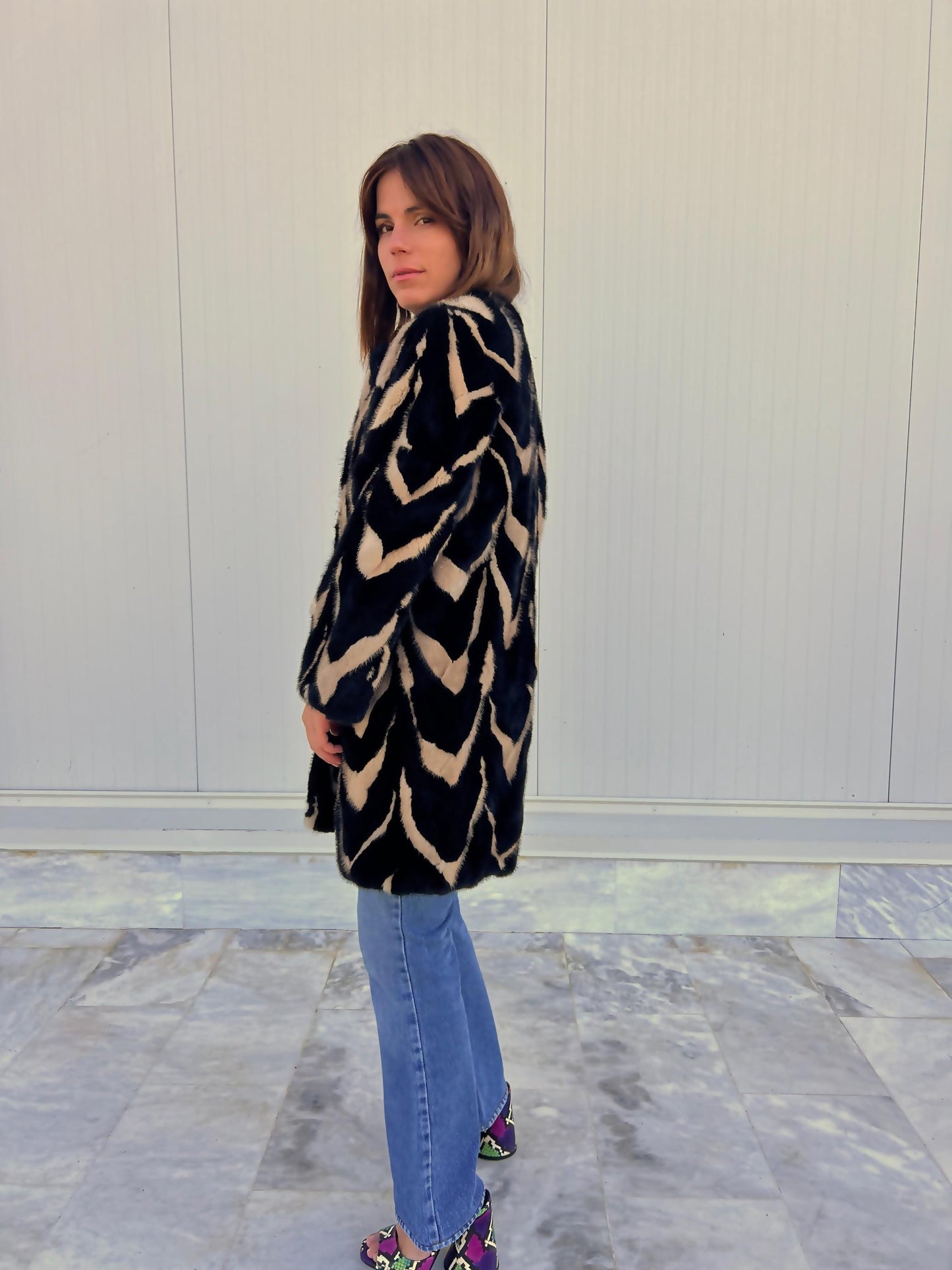 Intarsia Mink Fur Coat: Black and Beige Genuine Fur Jacket