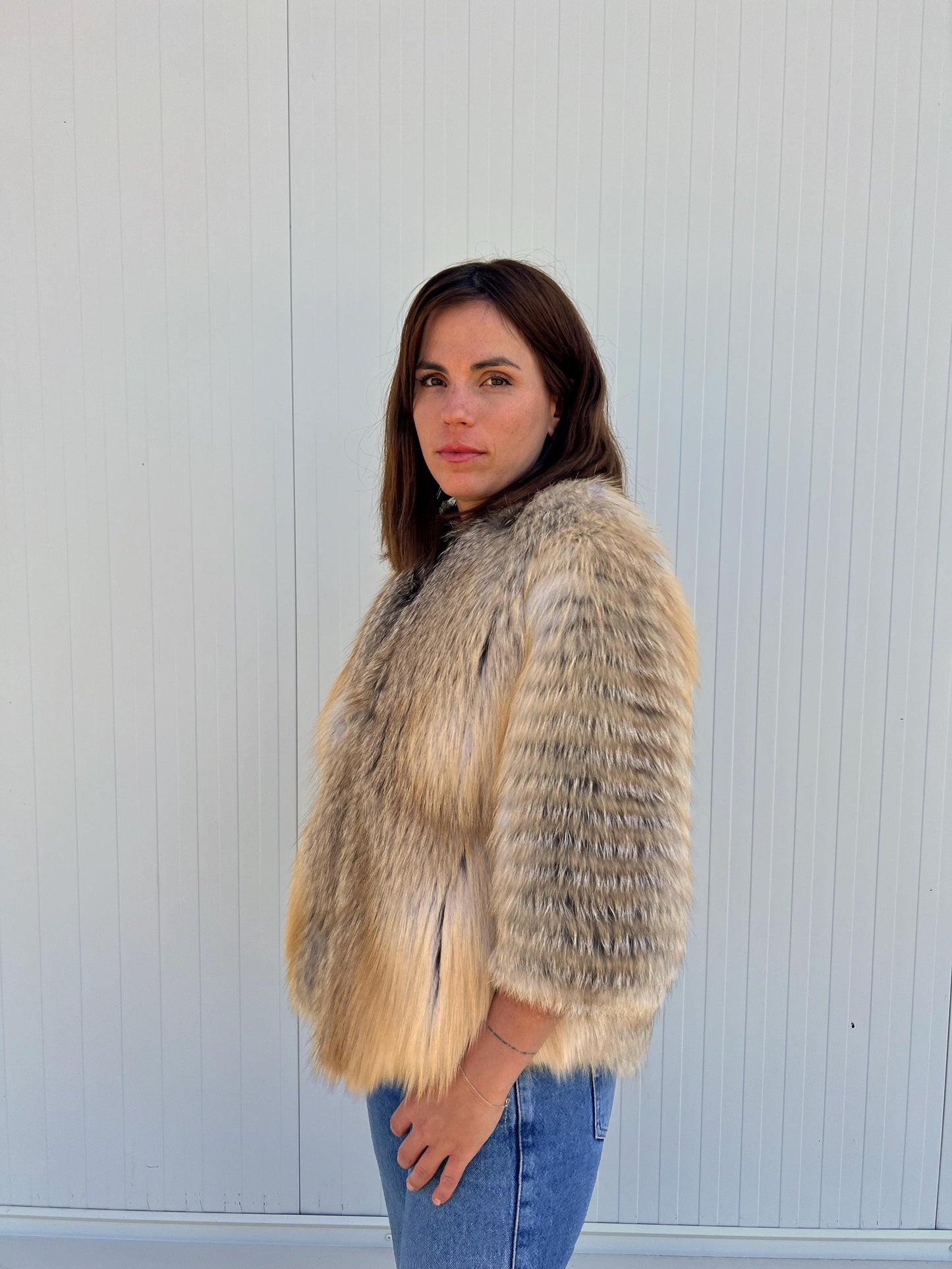Handmade Camel Fox Fur Jacket: Lightweight Fluffy Coat