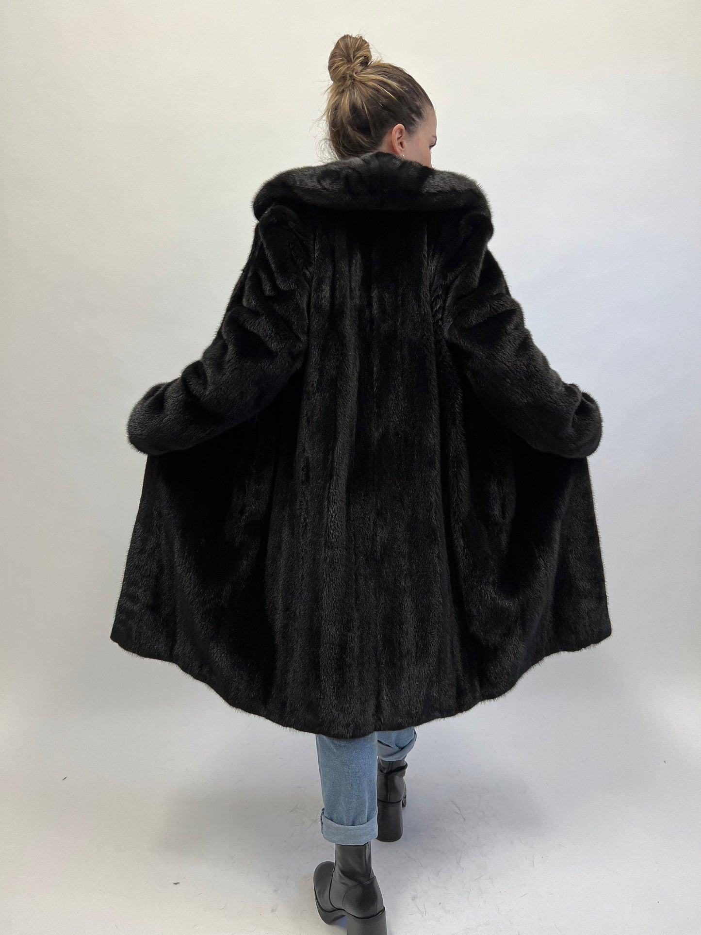 Black Velvet Mink Fur Coat: Luxury Stand Up Collar, XS/S