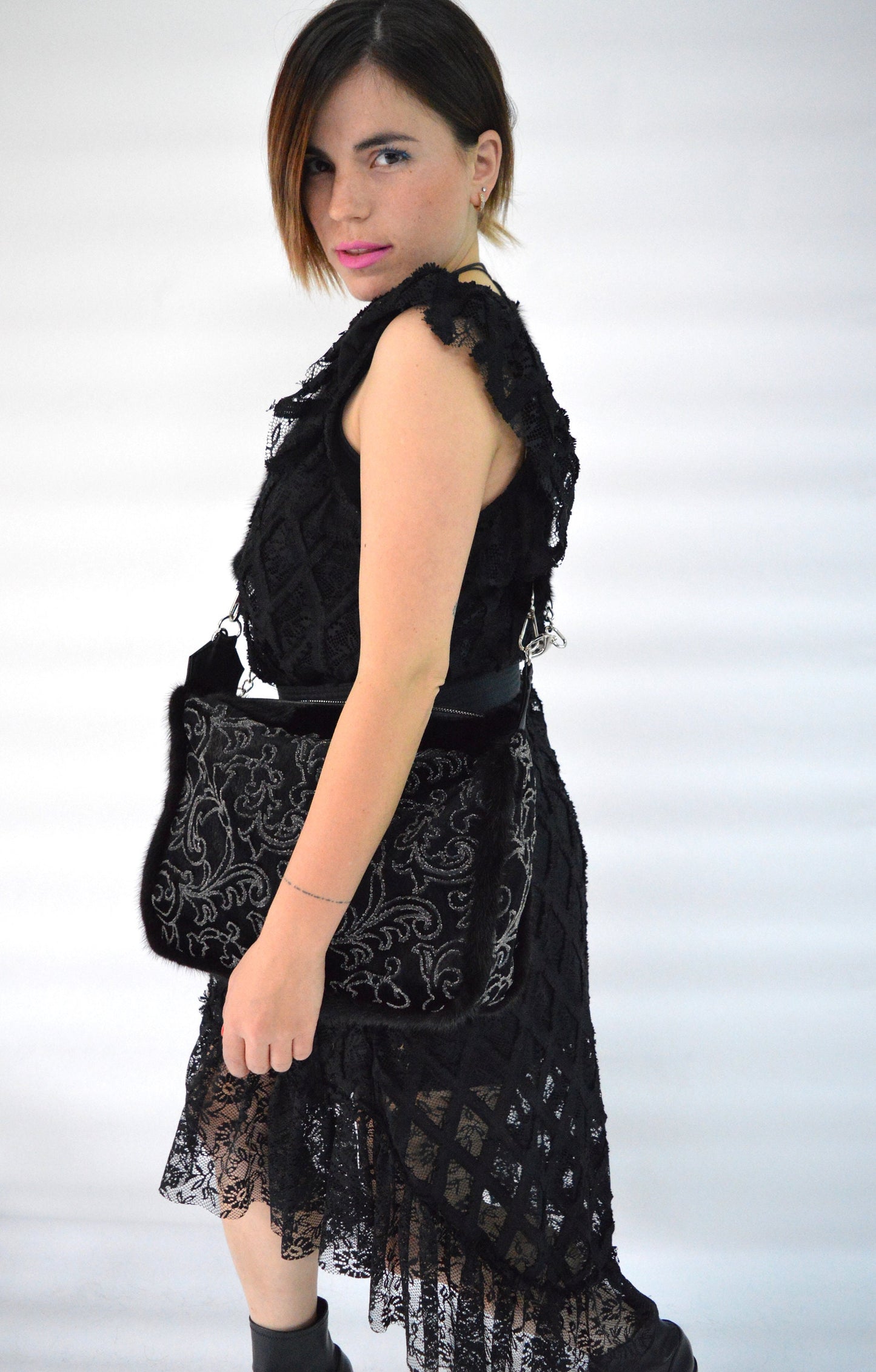 Embroidered Rabbit Fur Shoulder Bag, Mink Trim, Leather Chain Strap