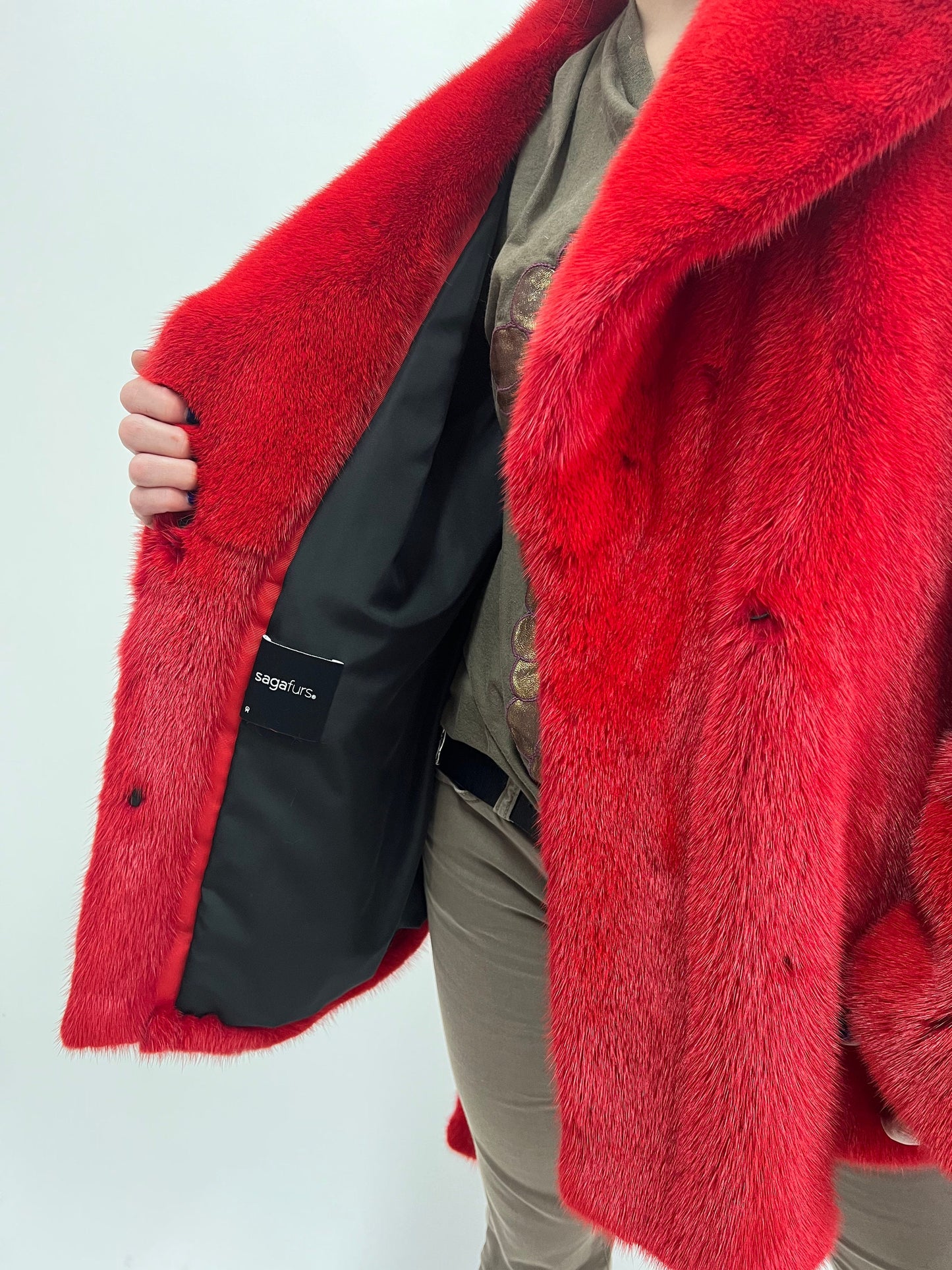 Fire Red Mink Fur Coat: Saga Quality Belted Jacket
