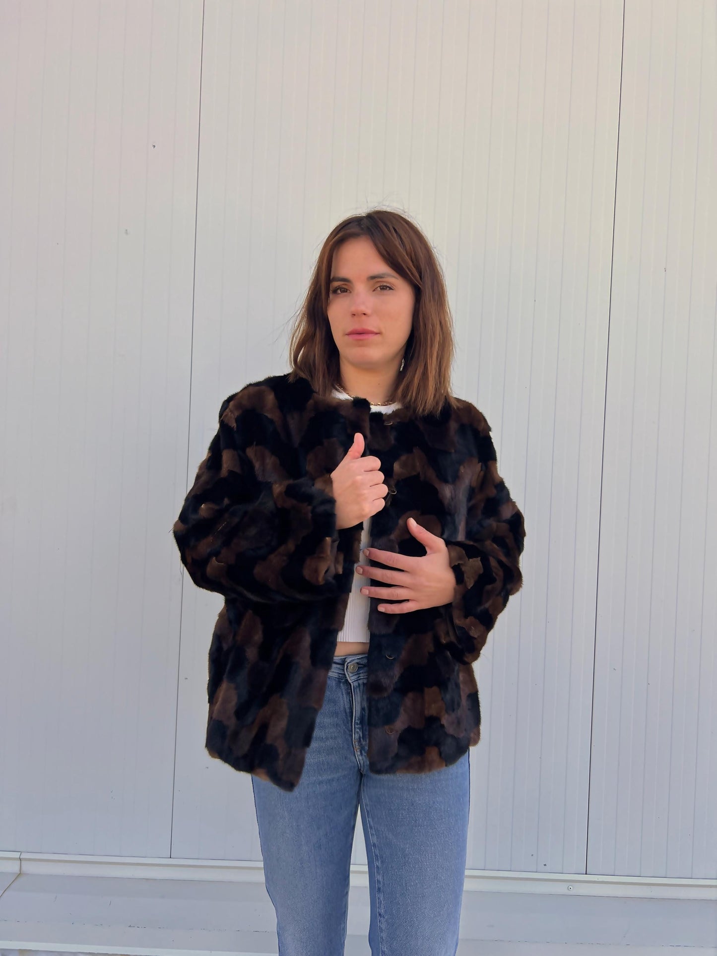 Sheared Mink Fur Jacket: Brown & Black Intarsia Design, Hagen Closure