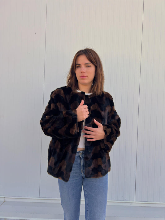 Sheared Mink Fur Jacket: Brown & Black Intarsia Design, Hagen Closure