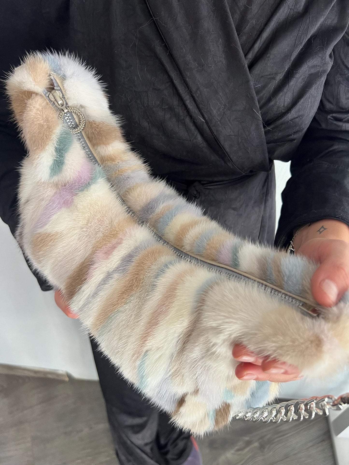 Multicolor Mink Fur Tote Bag: Leather & Chain Details