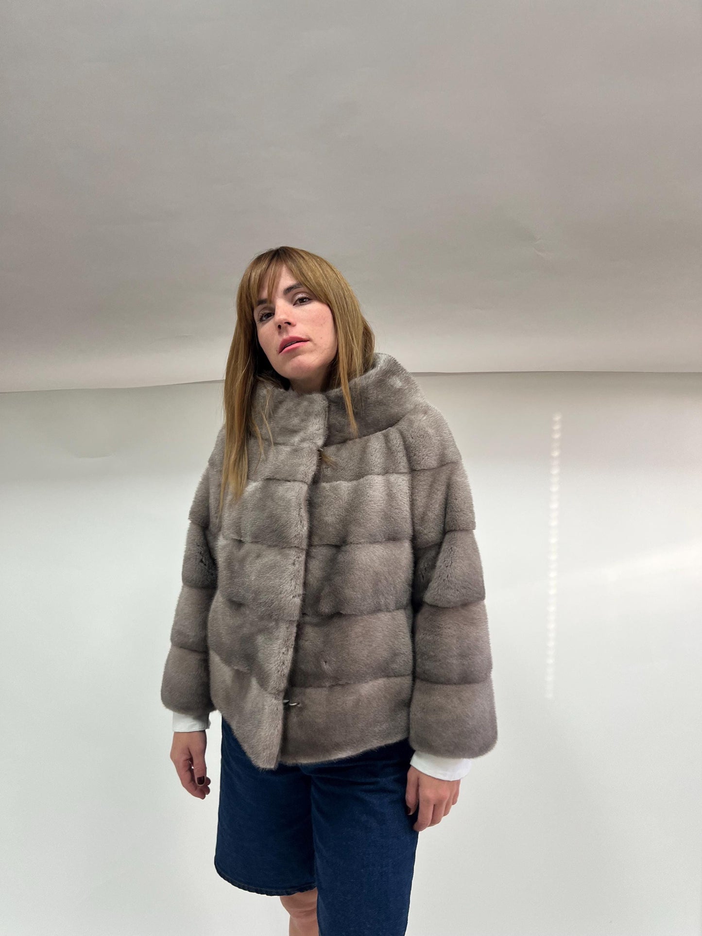 Real Silver Mink Fur Stroller Coat - High Collar, Luxury Gift