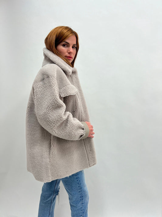 Real Sheepskin Shearling Overshirt: Light Grey Nappa Fur Jacket
