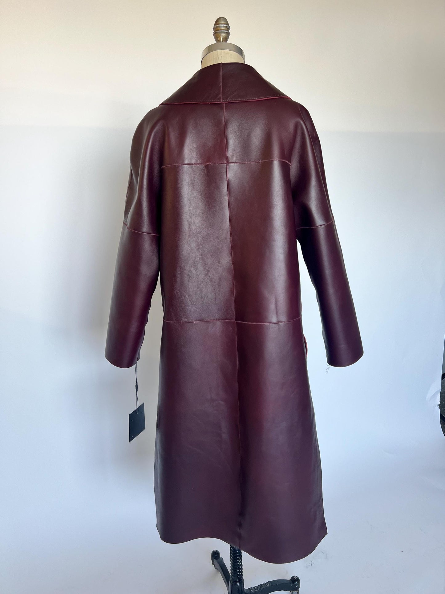 Burgundy thick Leather Coat: Oversized  Premium hide Handmade full length with slits on the sides.