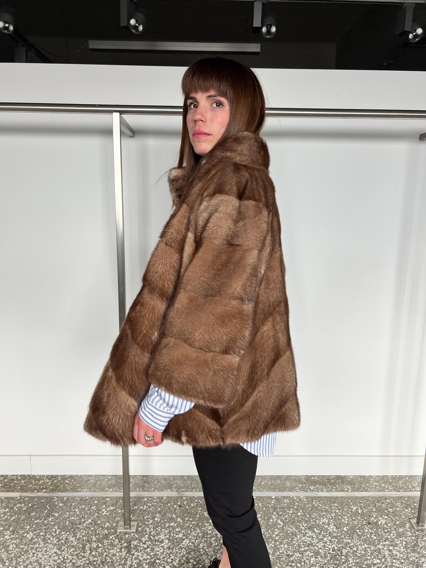 Mink Fur Collared Cappuccino Jacket - Handmade Luxury Fur Gift