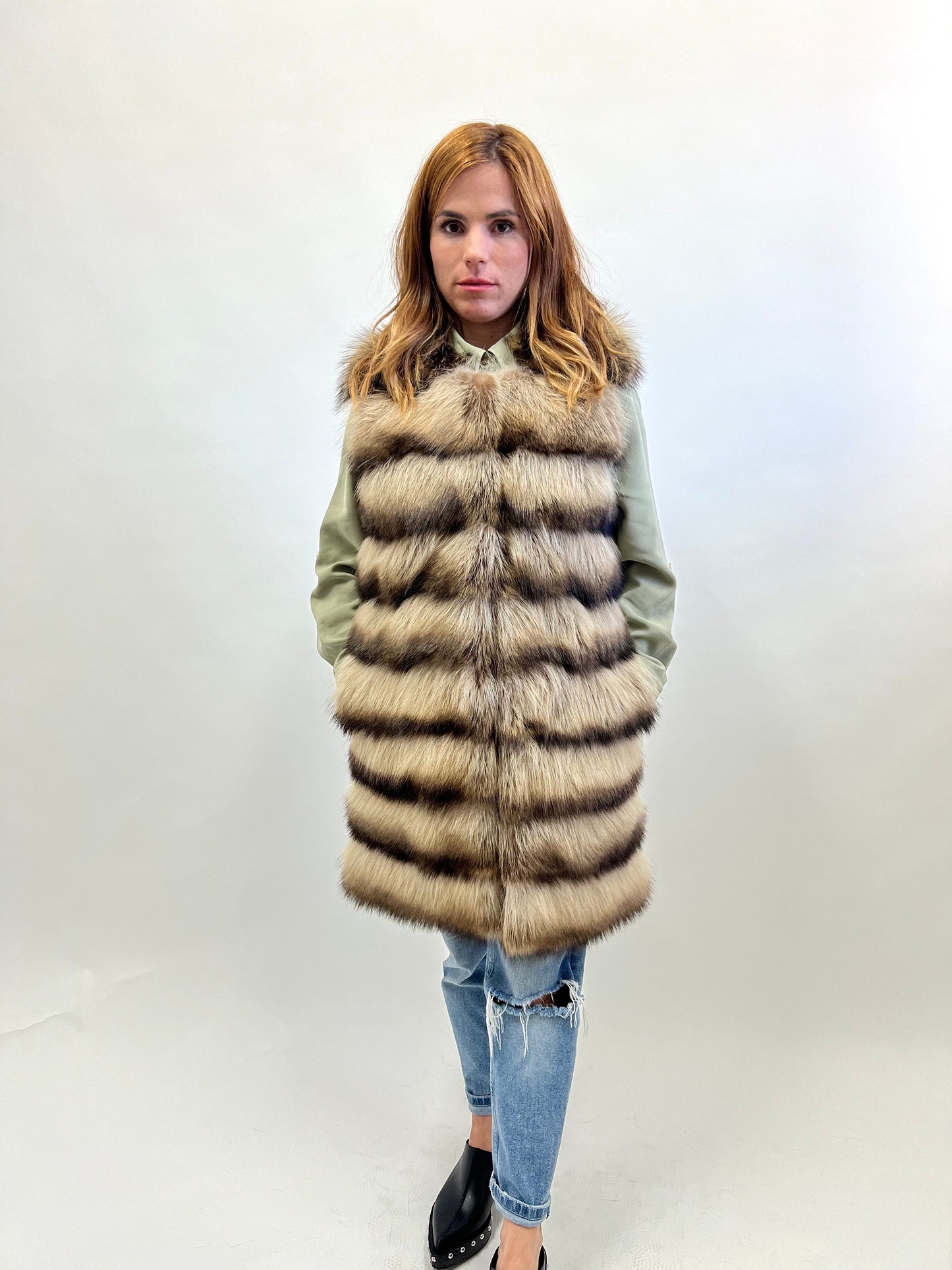 Real Raccoon Fur Vest: Beige Brown Leather Trim, Size XXSmall-XSmall
