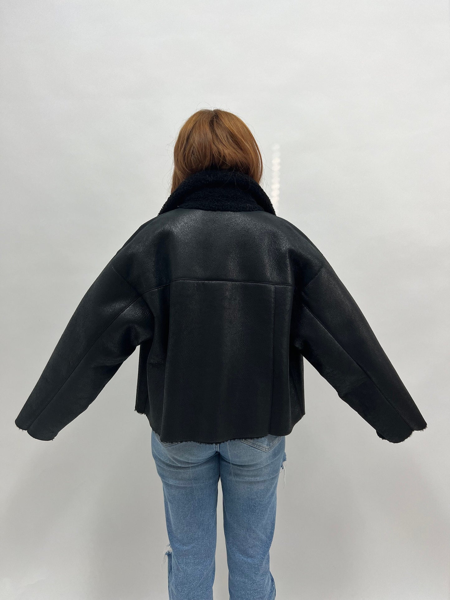 Handmade Black Shearling Fur Jacket: Cracked Leather Sheepskin Coat