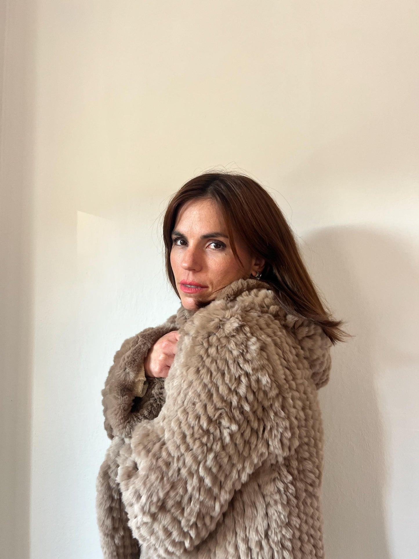 Handwoven Taupe Rabbit Fur Hooded Jacket - Frogs Closure