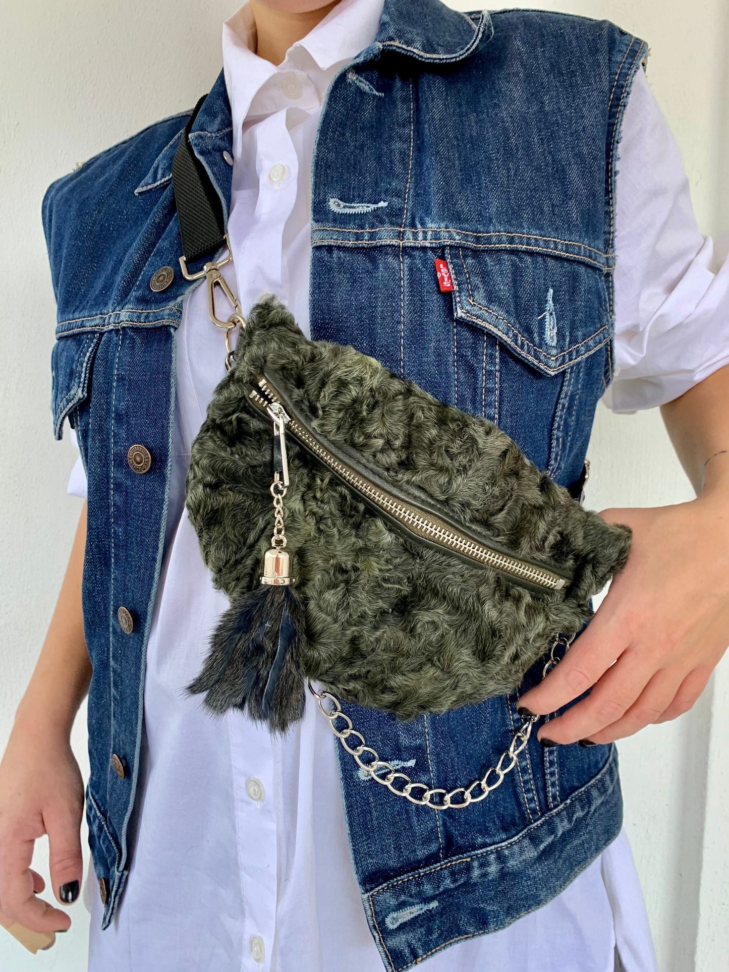 Olive Lamb Fur Bumbag with Chain Tassel: Luxury Fanny Pack