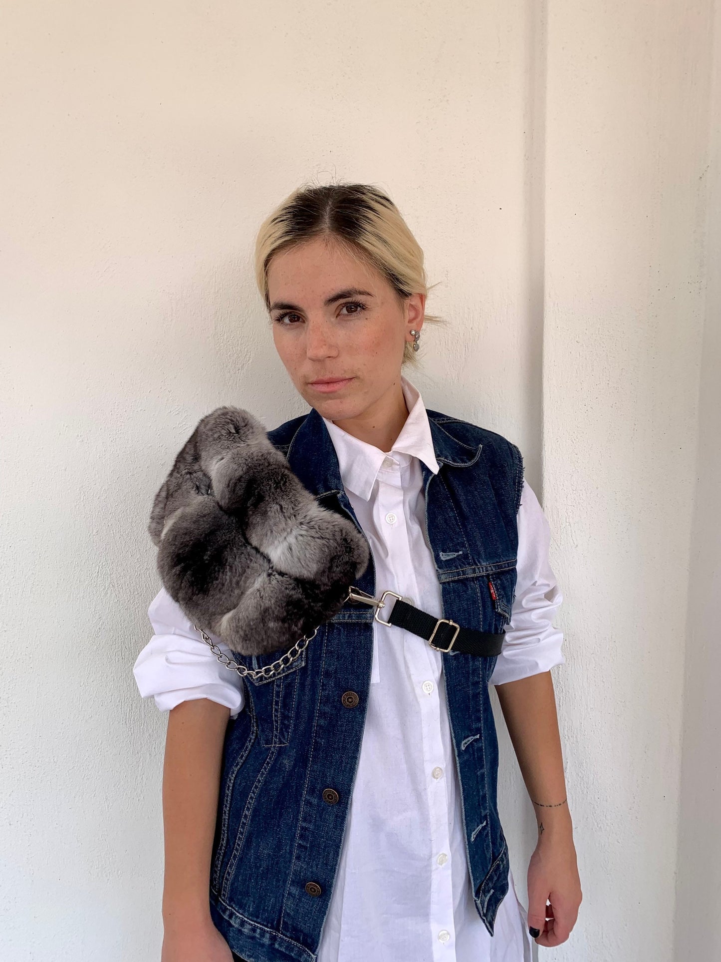 Real Rabbit Fur Bumbag: White Fanny Pack with Chain