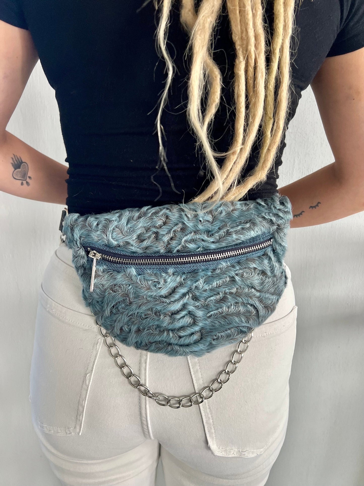 Gray Mink Fur Bumbag with Chain: Handmade Leather Fanny Pack