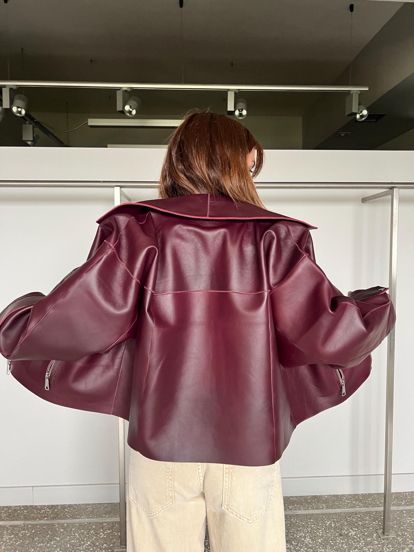 Handmade Burgundy Nappa boxy Leather Jacket: Oversized Zip-Up thick hide Coat