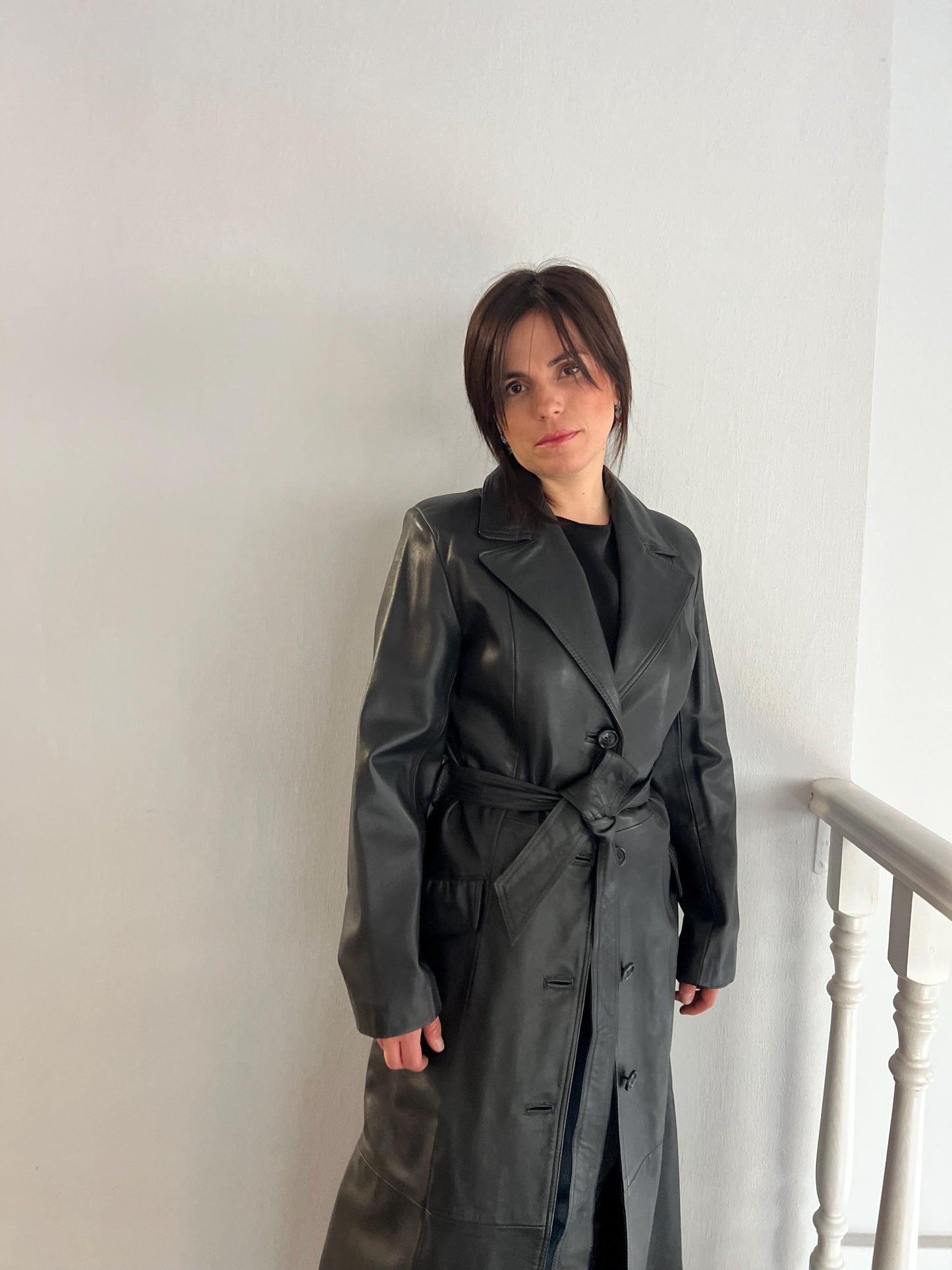 Handcrafted Nappa Leather Overcoat: Full Length Black Belted Coat, Small