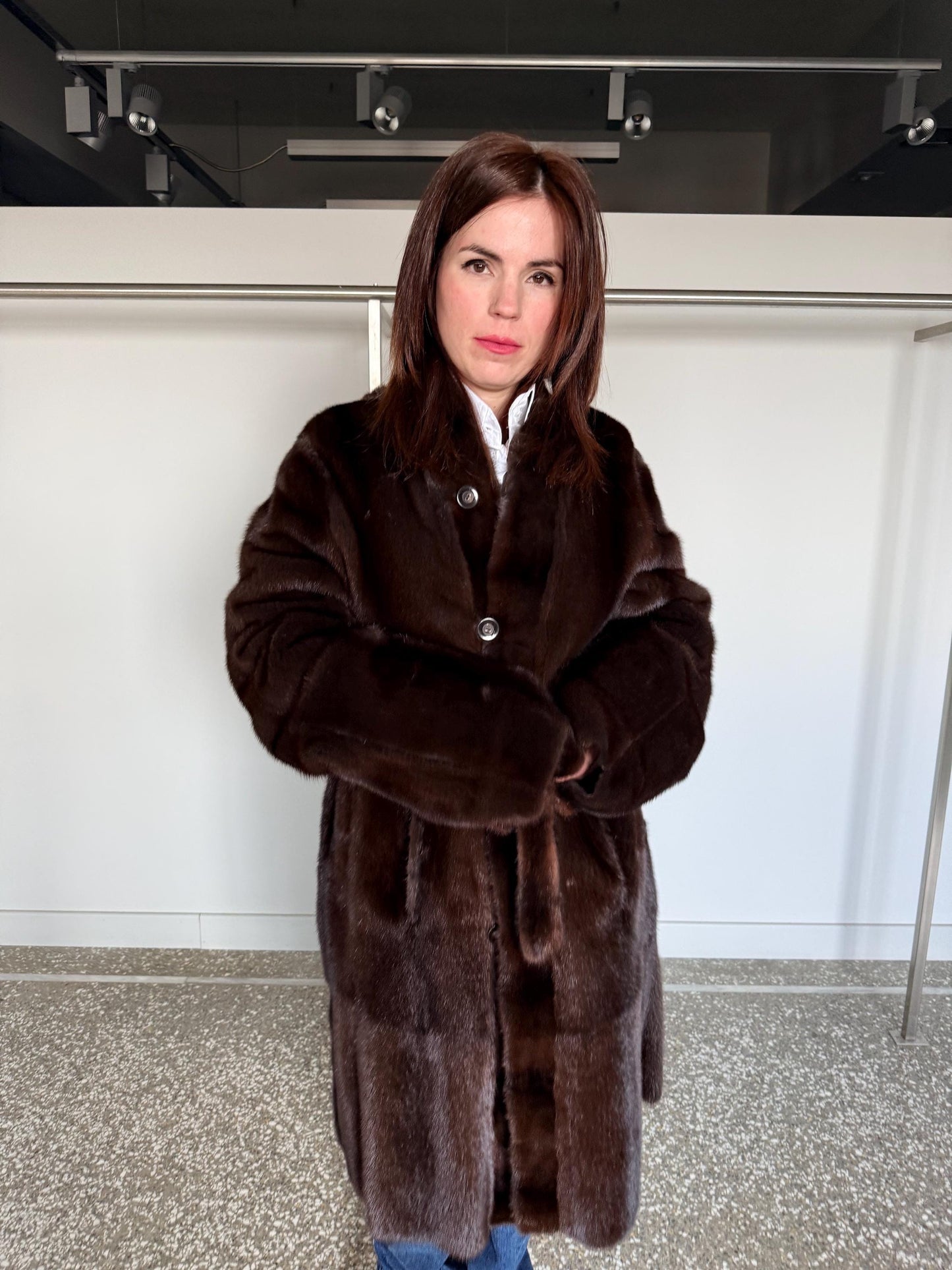 Reversible Demi Buff Mink Fur Coat with Suede Leather: Long Collarless Stroller (Handmade Greece)