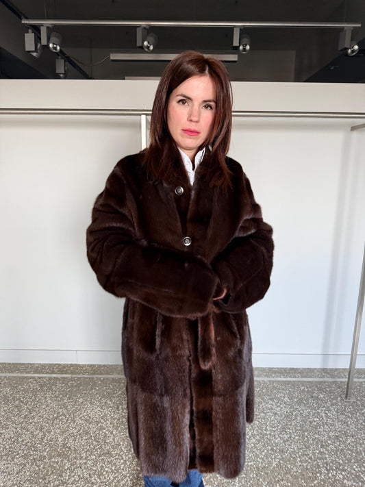 Reversible Demi Buff Mink Fur Coat with Suede Leather: Long Collarless Stroller (Handmade Greece)