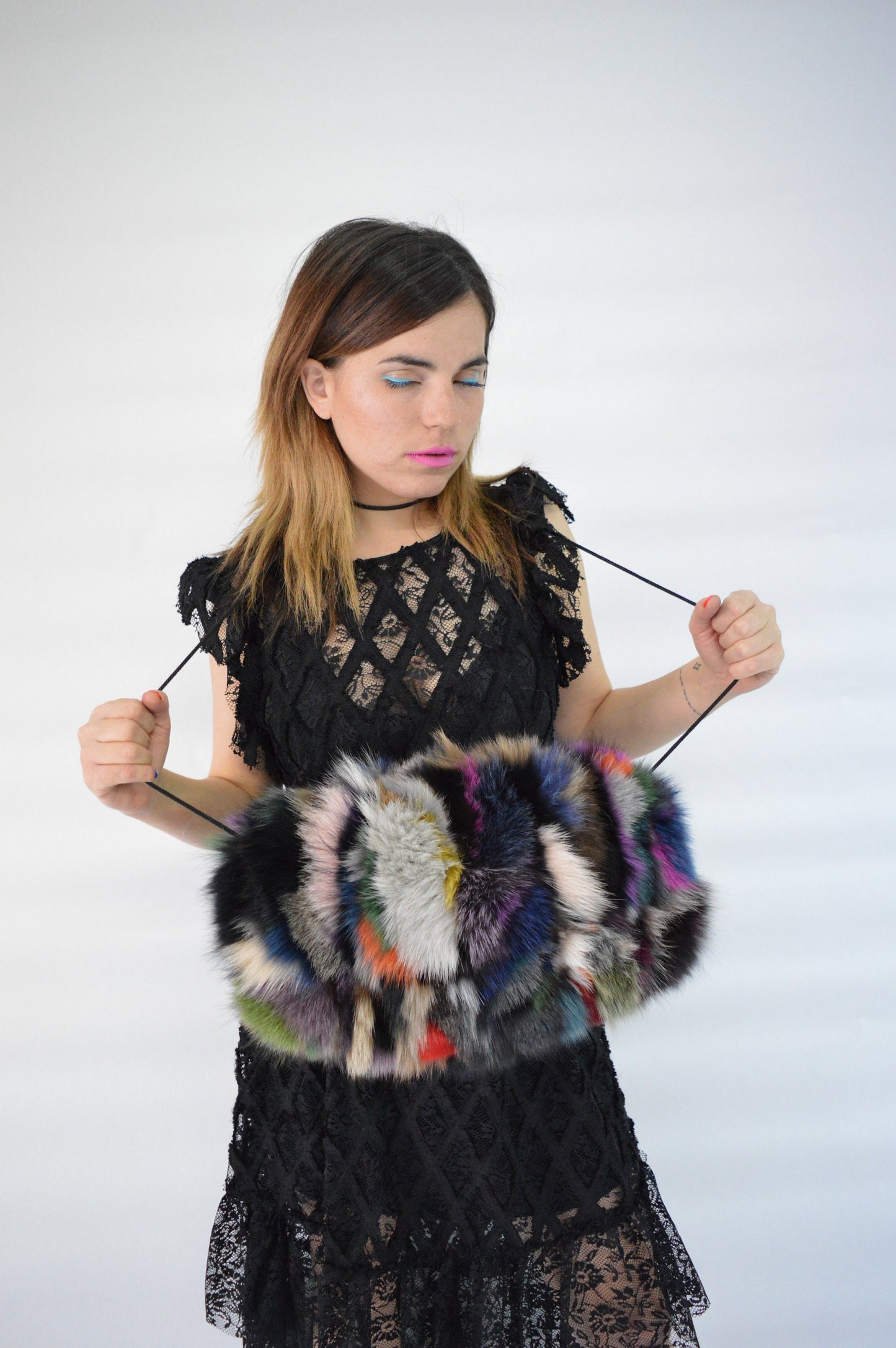 Multicoloured Fox Fur Hand Muff: Luxury Warmer with Pocket