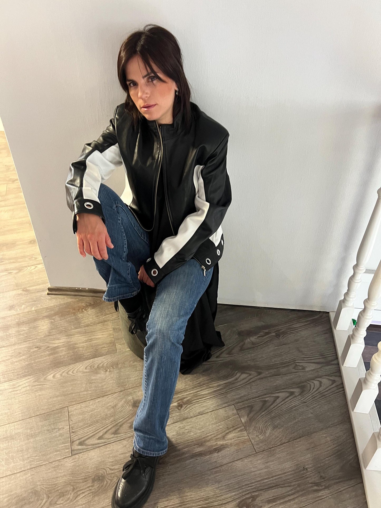 Handmade Black and White Lambskin Leather Jacket - Medium