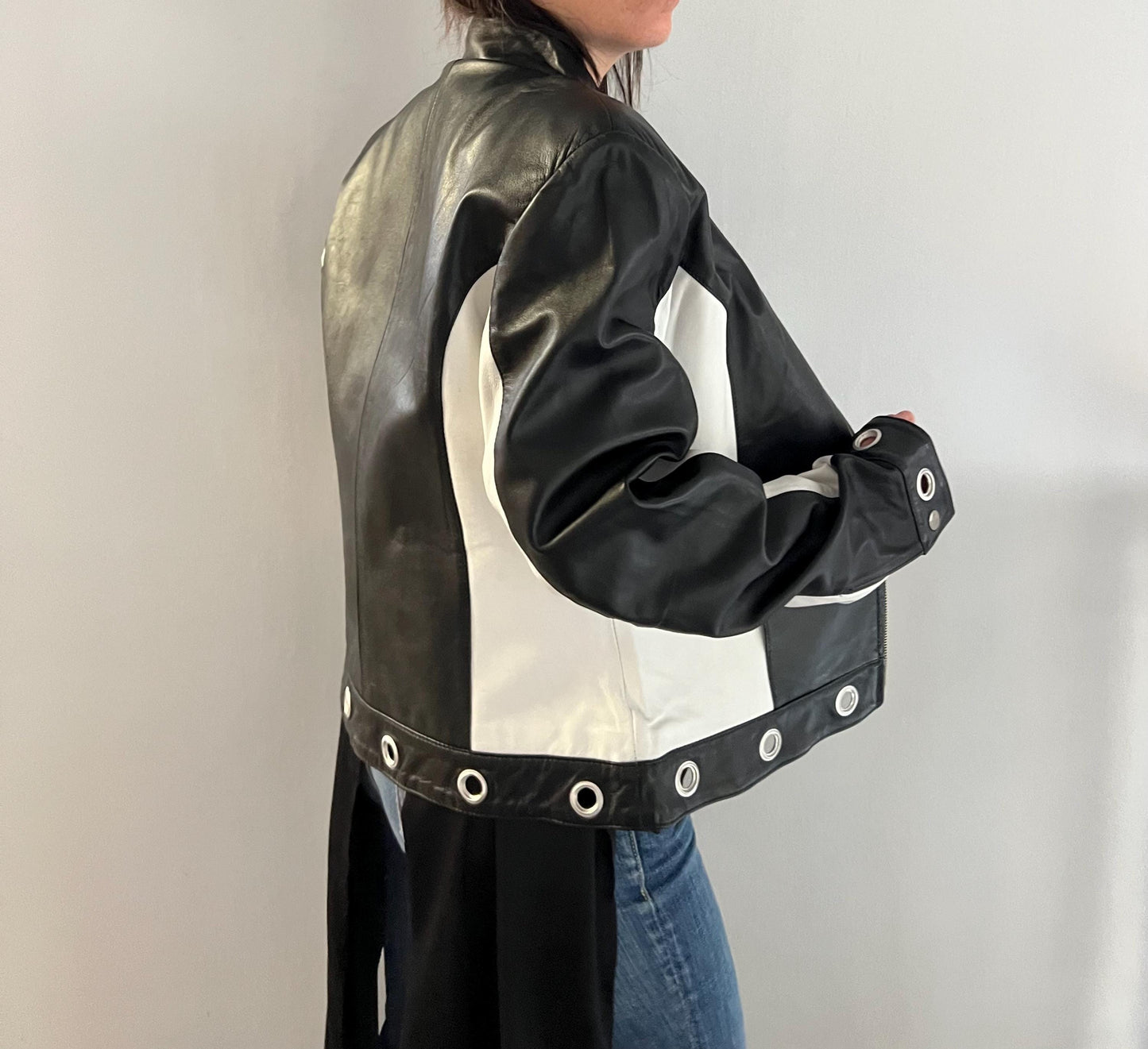 Handmade Black and White Lambskin Leather Jacket - Medium