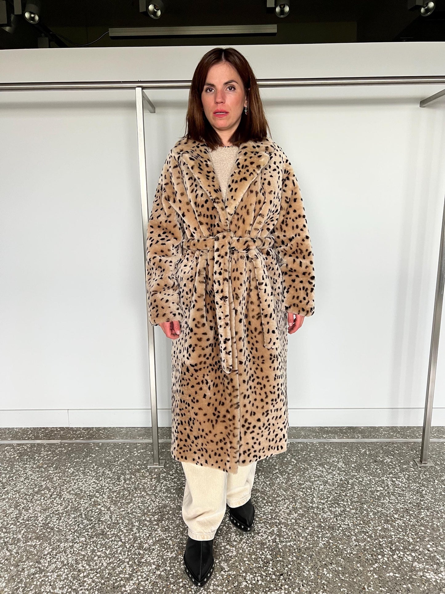 Handmade Merino Shearling Coat: Animal Stamp Fur Stroller, Brown Leather Wrap
