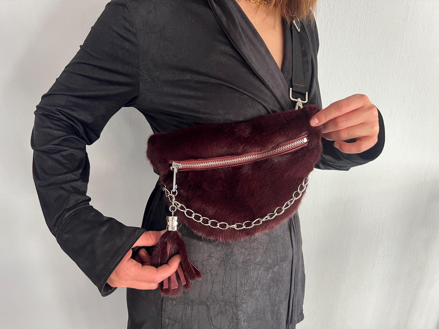 Burgundy Mink Fur Bumbag with Chain, Luxury Fanny Bag
