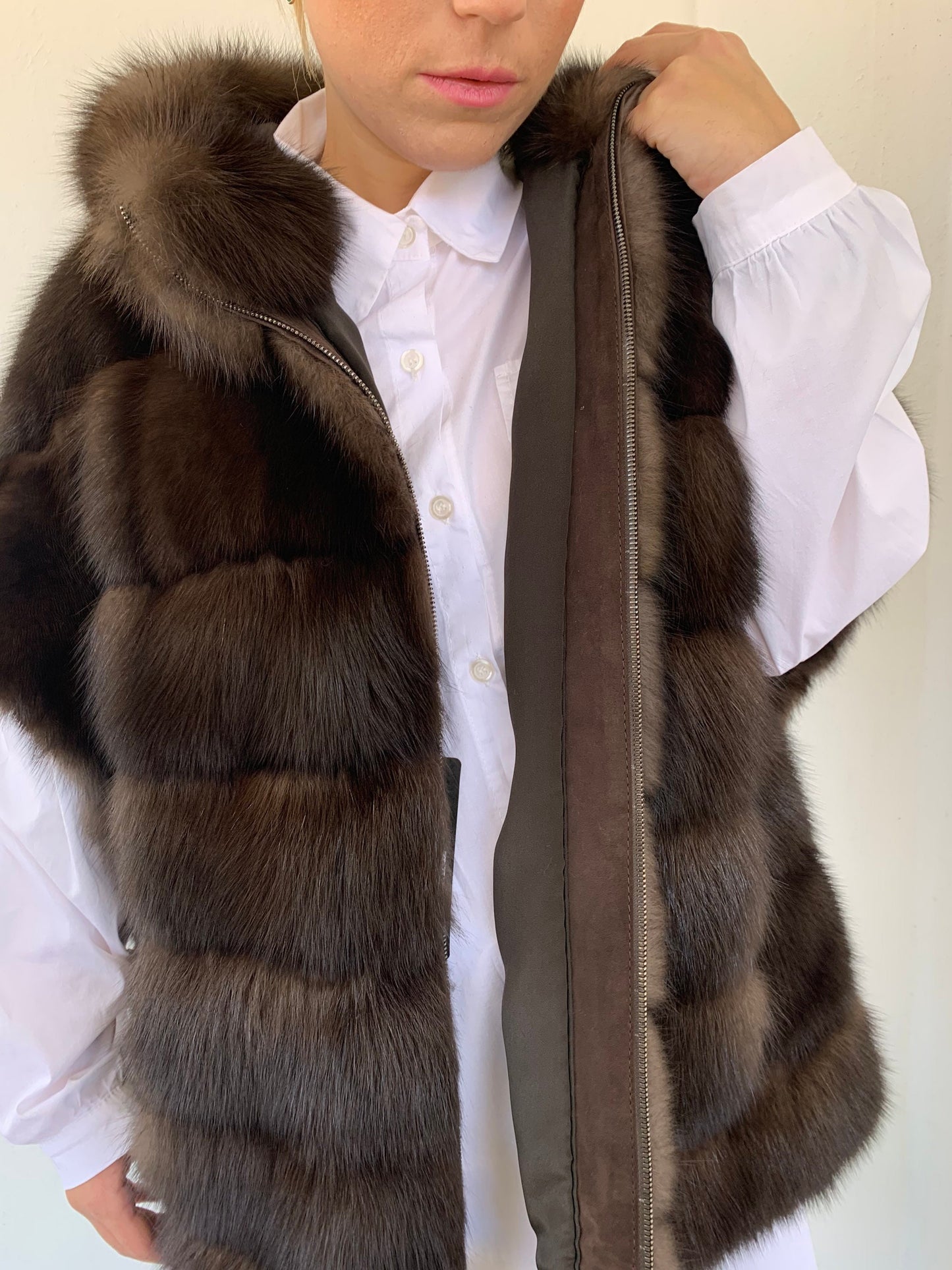Real Barguzinsky Sable Fur Jacket: Brown Leather Trim Hooded Coat
