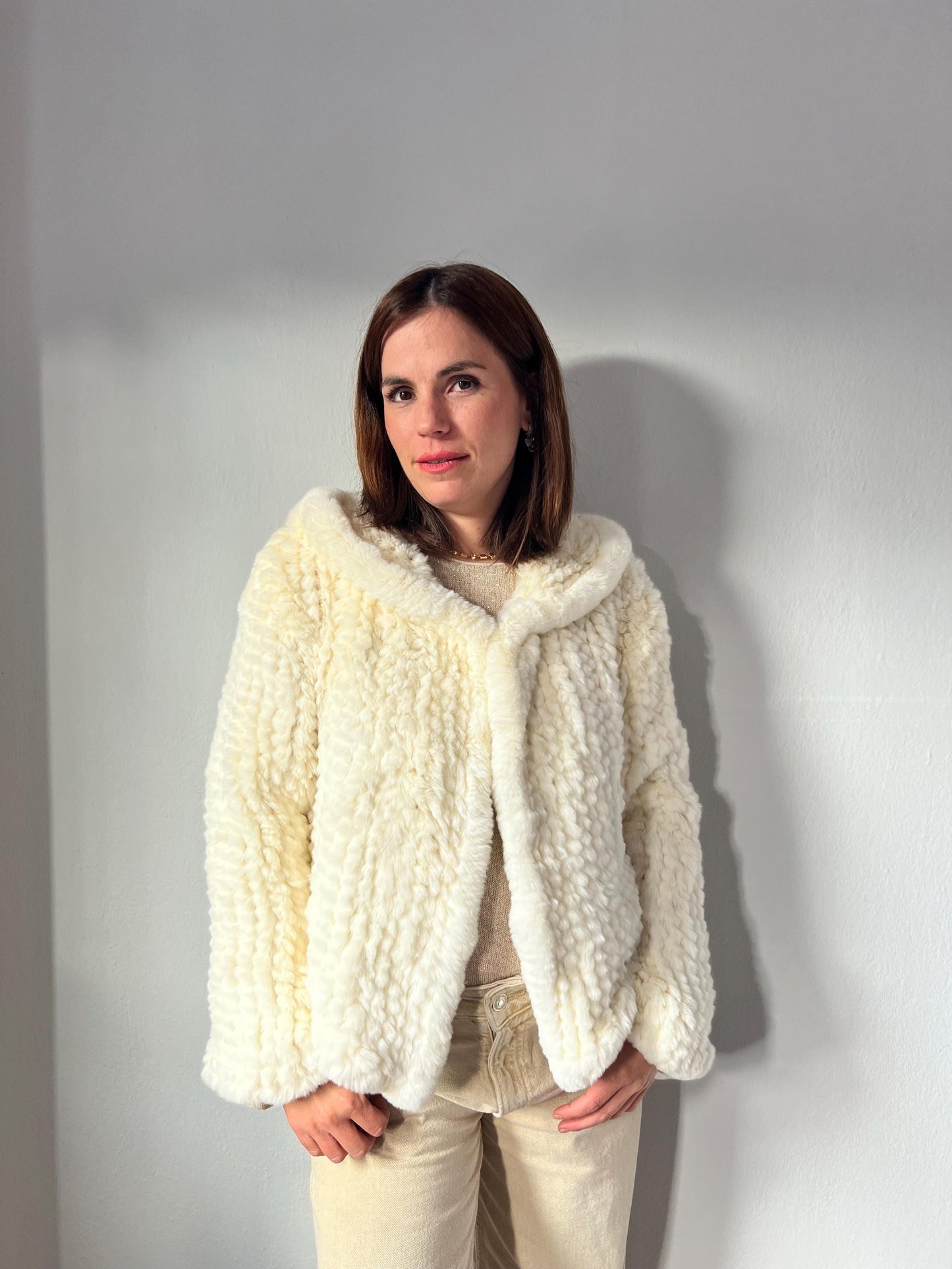 Handwoven Cream Rabbit Fur Hooded Jacket - Frog Closure