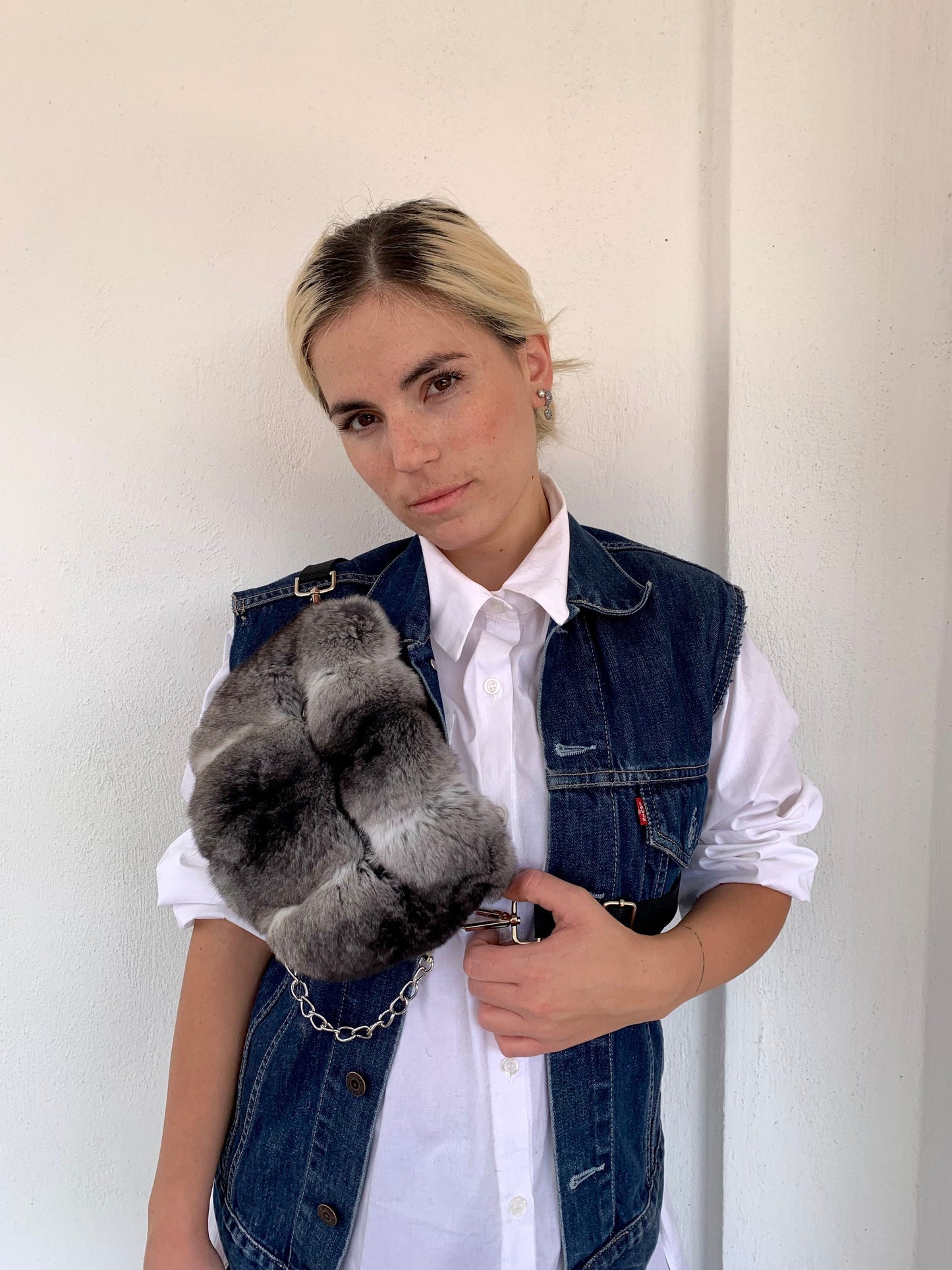 Real Rabbit Fur Bumbag: White Fanny Pack with Chain