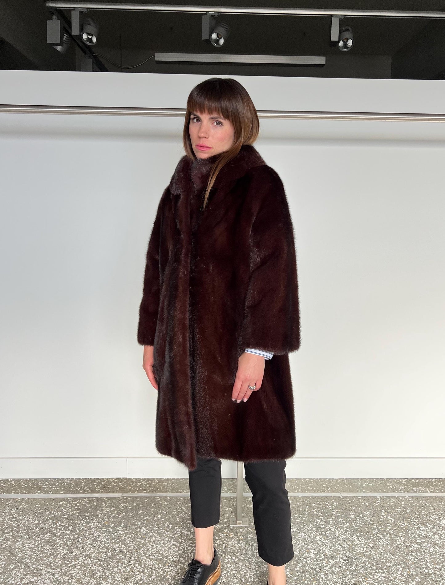 Burgundy Mink Fur Coat: Saga Quality, Stand Up Collar (Medium)