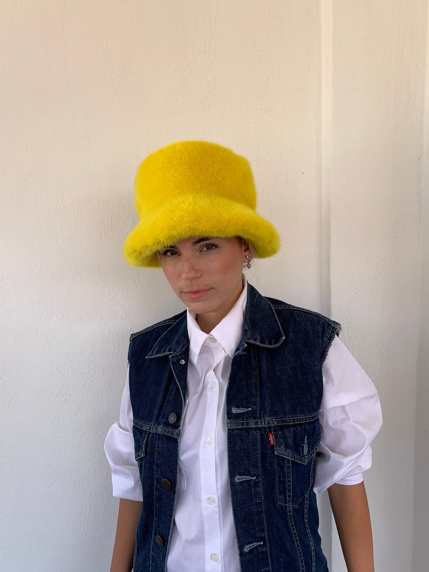 Handmade Yellow Mink Fur Bucket Hat: Luxury Winter Warmer