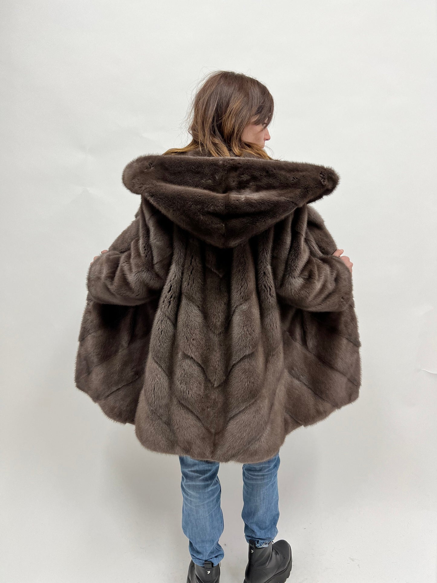 Cloud Mink Fur Hooded Coat: Warm Grey Diagonal Jacket