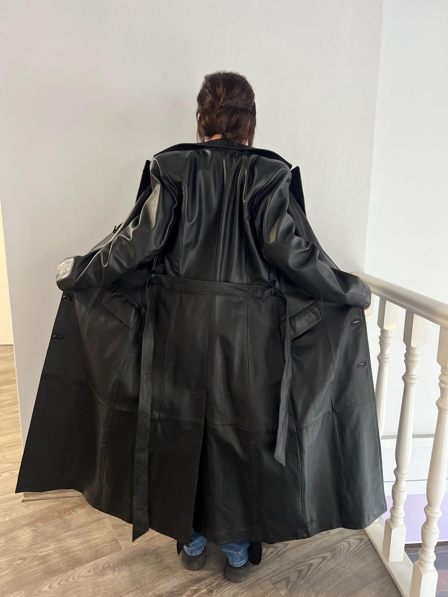 Handcrafted Nappa Leather Overcoat: Full Length Black Belted Coat, Small