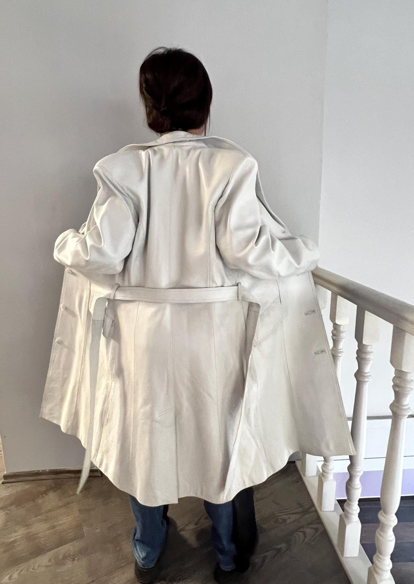 Handmade Nappa Lambskin Leather Coat: White Wrap Belted Jacket