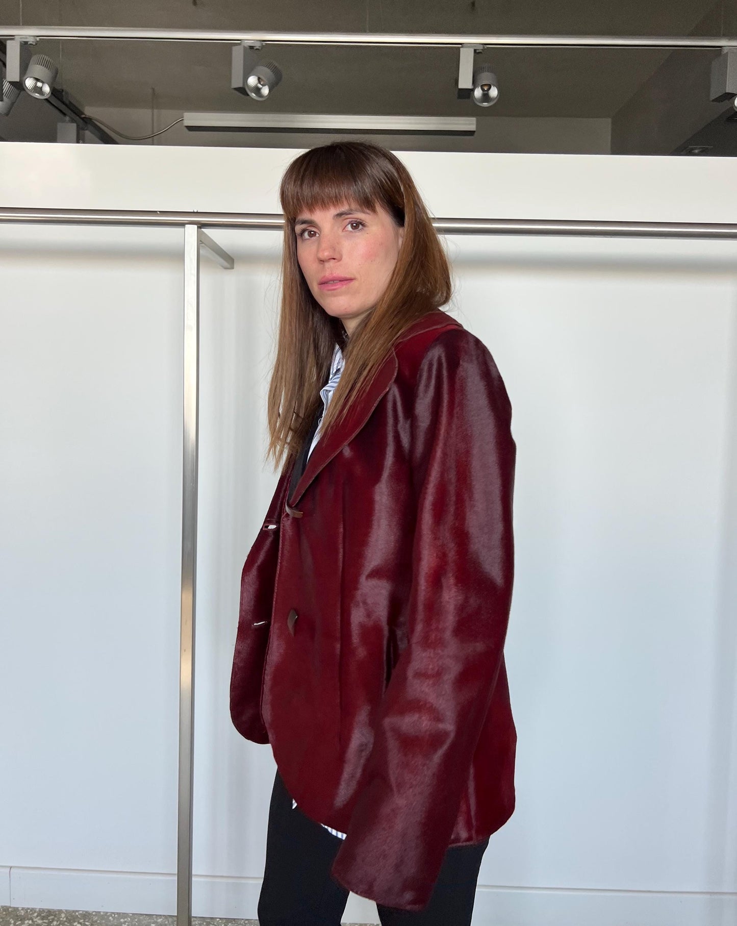 Genuine Cherry Hair-on Hide Leather Coat - Calf Cavallino Jacket