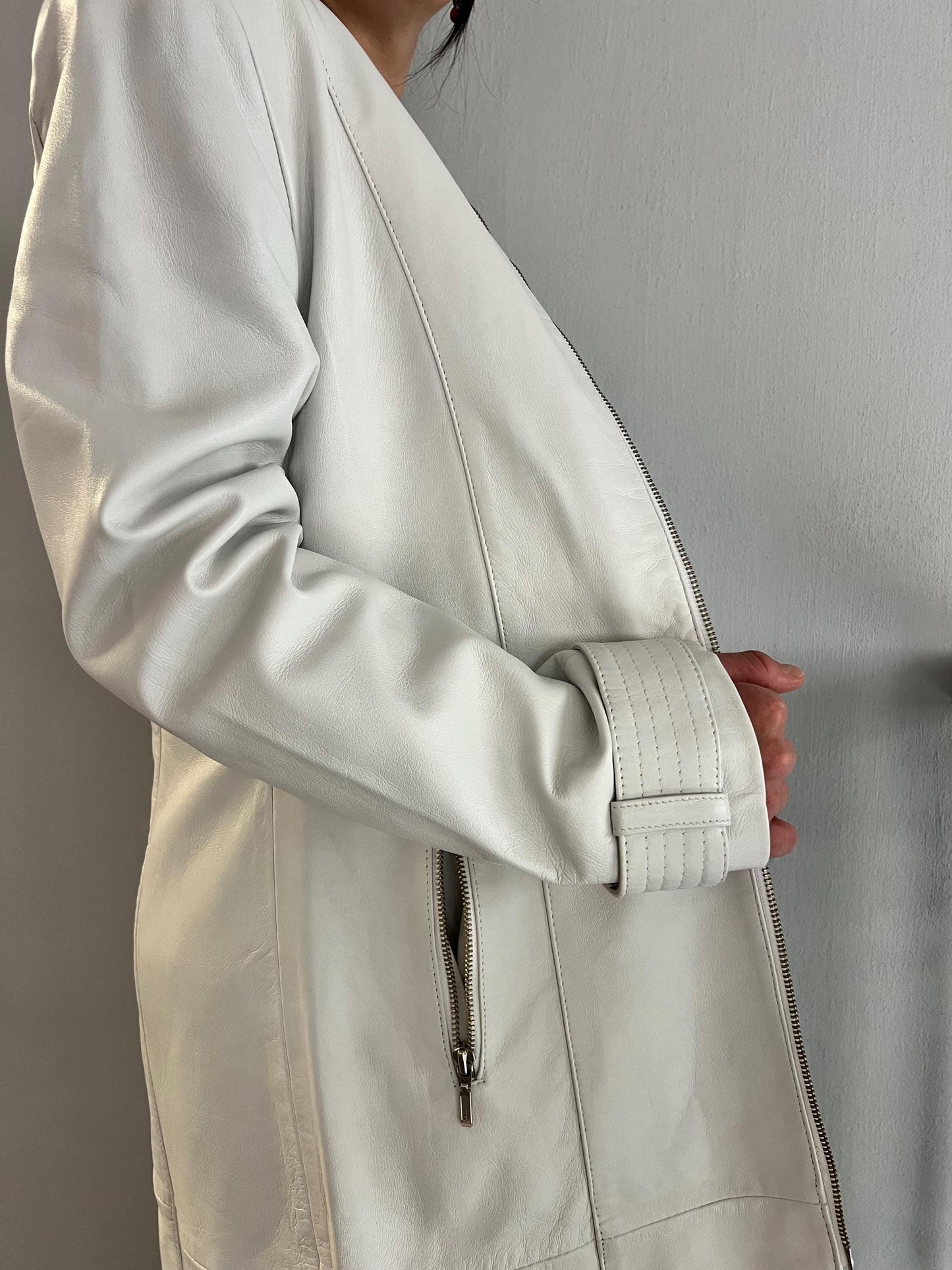 White Nappa Lambskin Leather Coat - Handmade Belted Zip Front